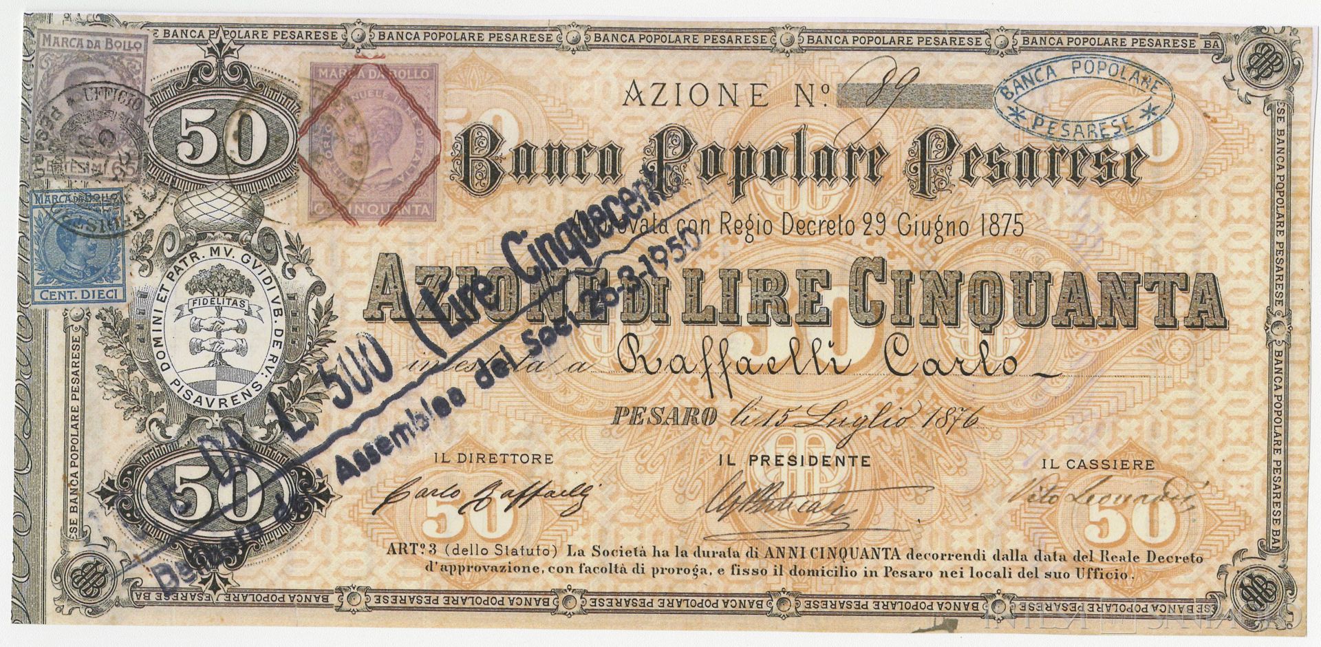 Banca Popolare Pesarese, copia del certificato azionario numero 89, 15 luglio 1876
