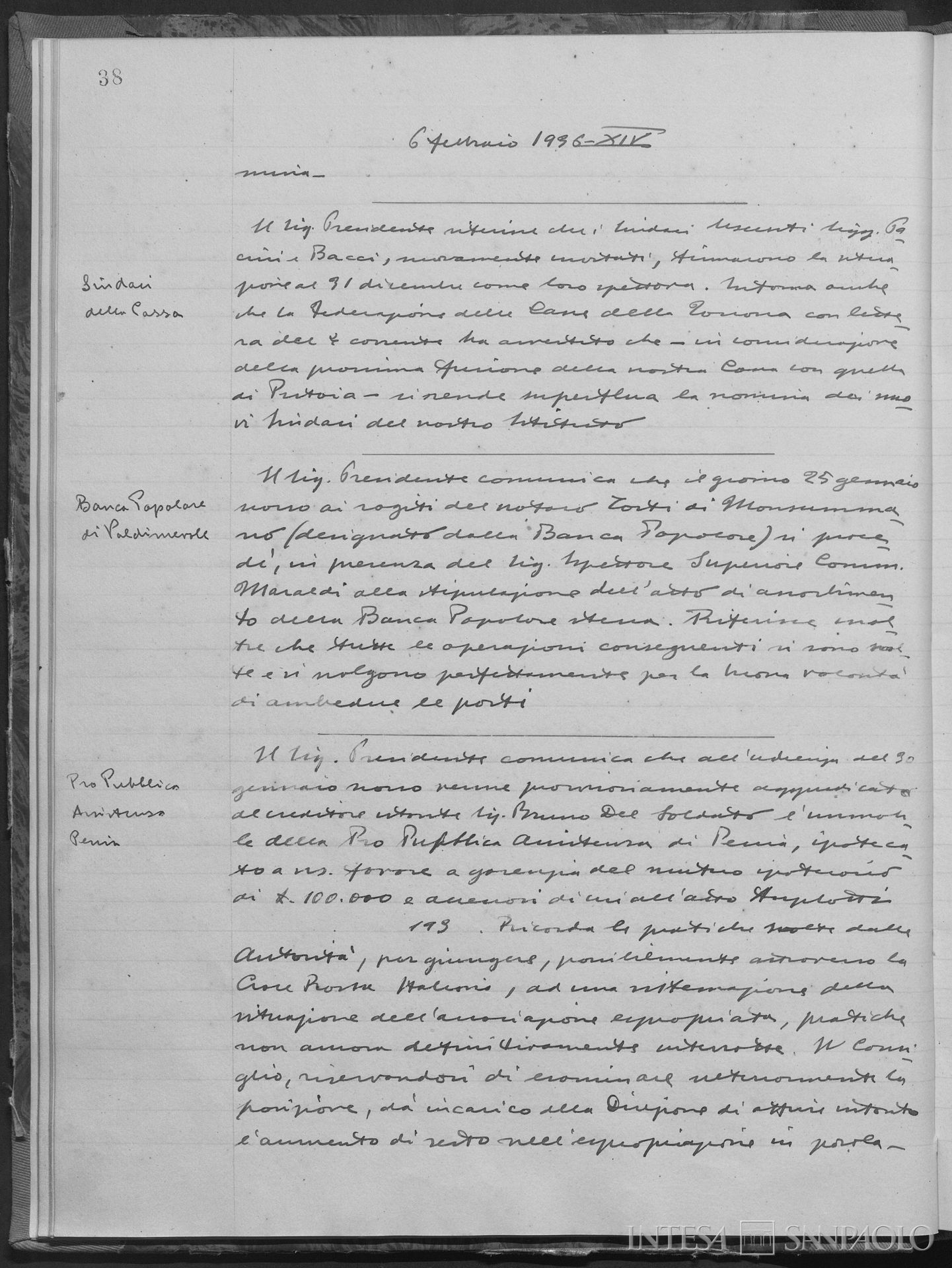 Banca Popolare di Valdinievole, verbale del Consiglio di Amministrazione della Cassa di Risparmio di Pescia relativa all'assorbimento della Banca Popolare di Valdinievole, 1936