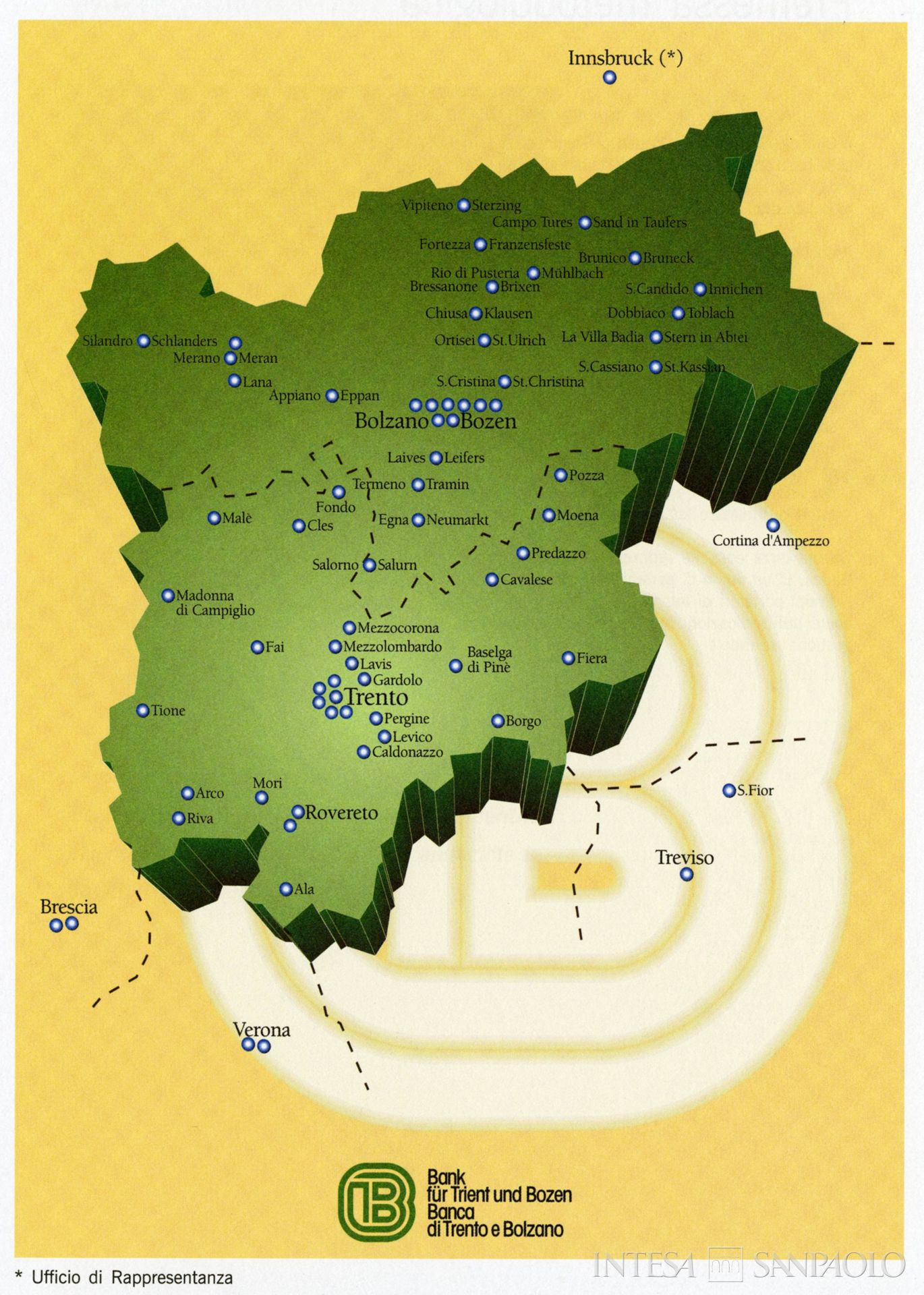 Banca di Trento e Bolzano, pubblicità relativa alla rete territoriale dell'istituto, illustrazione tratta da Bilancio sociale 2003, 2004