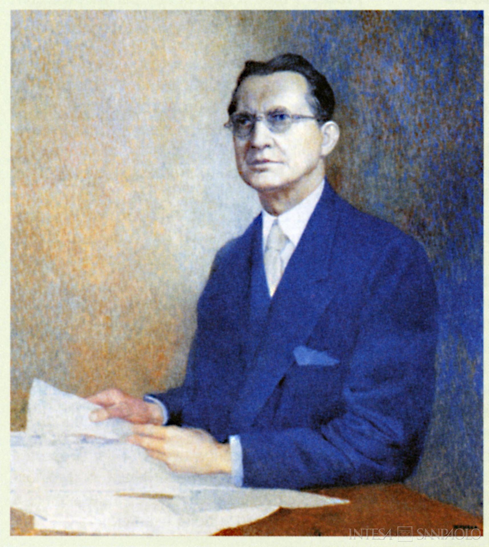 Banca di Trento e Bolzano, ritratto di Alcide De Gasperi, dipinto datato 1955 appartenente alla collezione d'arte Btb, tratto da Bilancio sociale 2003, 2004 (opera di Luigi Bonazza)