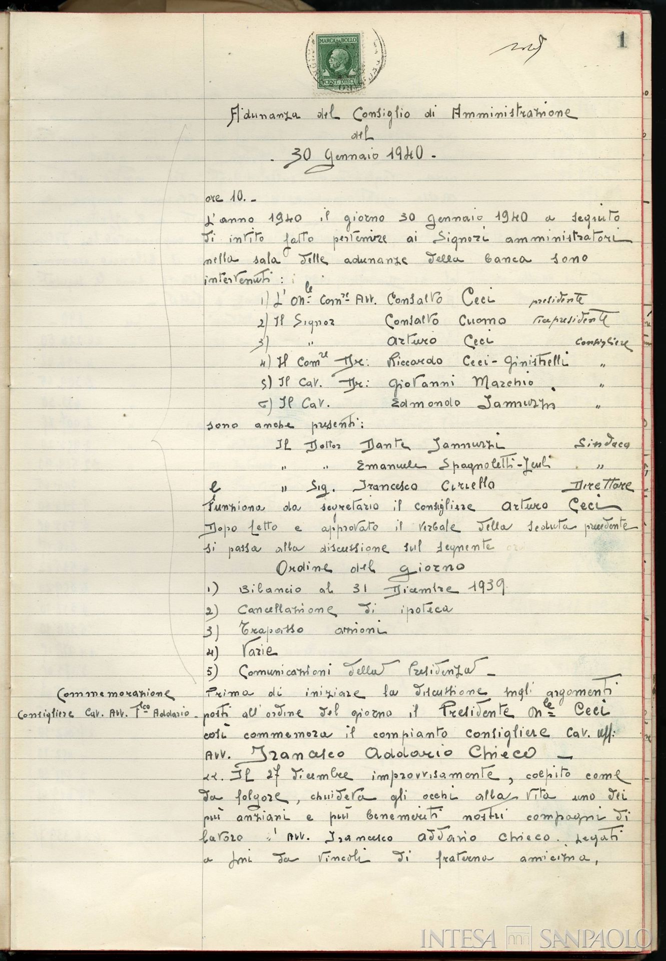 Banca di Andria, pagina estratta dai Verbali del Consiglio di Amministrazione, 30 gennaio 1940