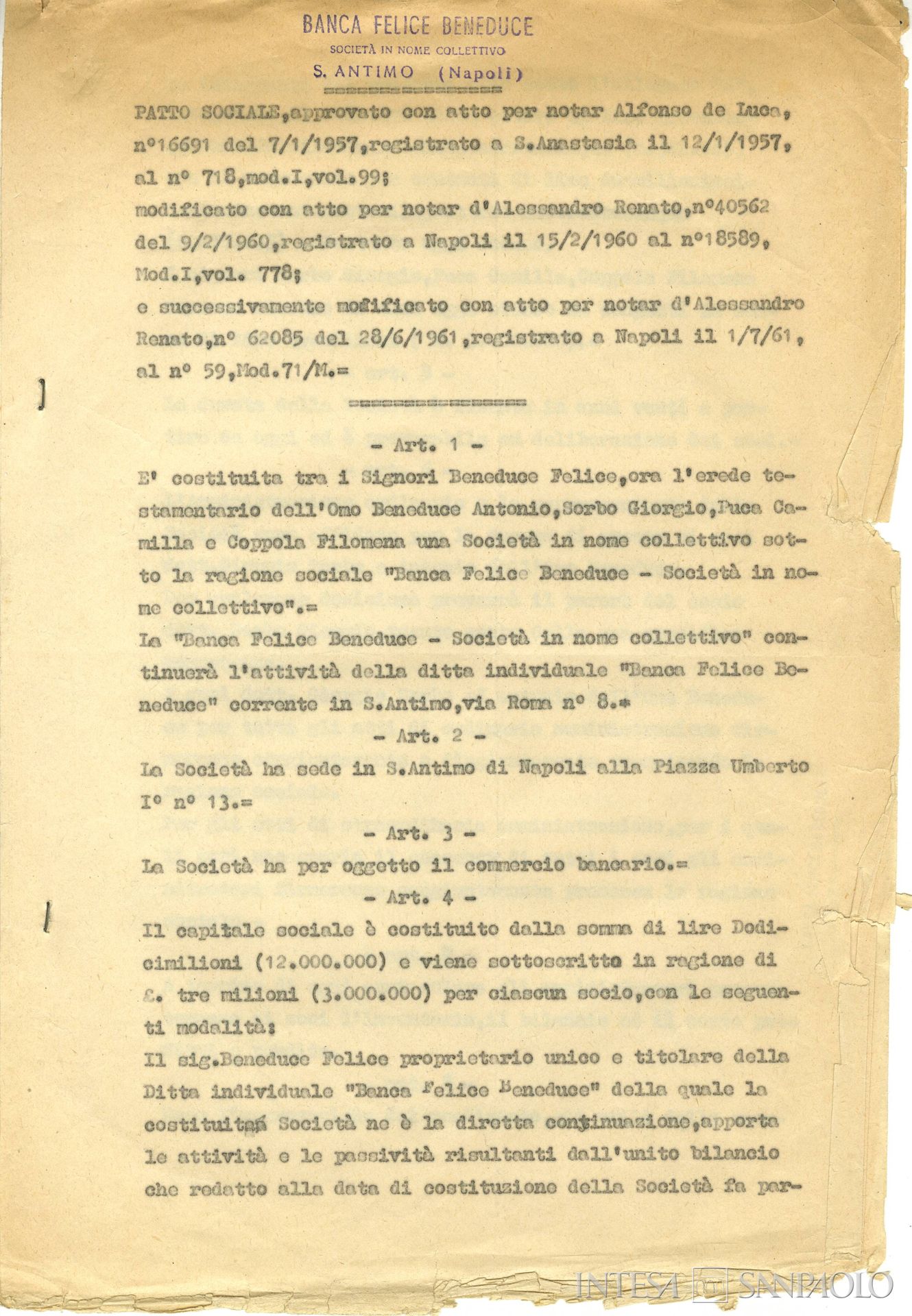 Banca Felice Beneduce, pagina estratta dall'atto di costituzione e successive modifche della società in nome collettivo, 7 gennaio 1957