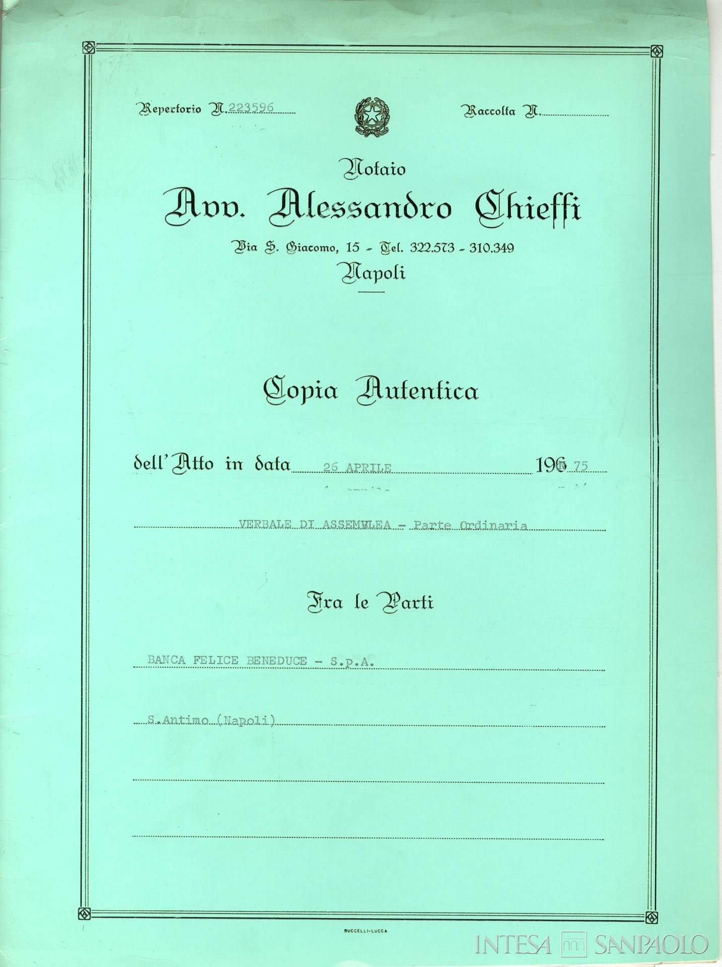 Banca Felice Beneduce, frontespizio di un Verbale di Assemblea straordinaria, 26 aprile 1975
