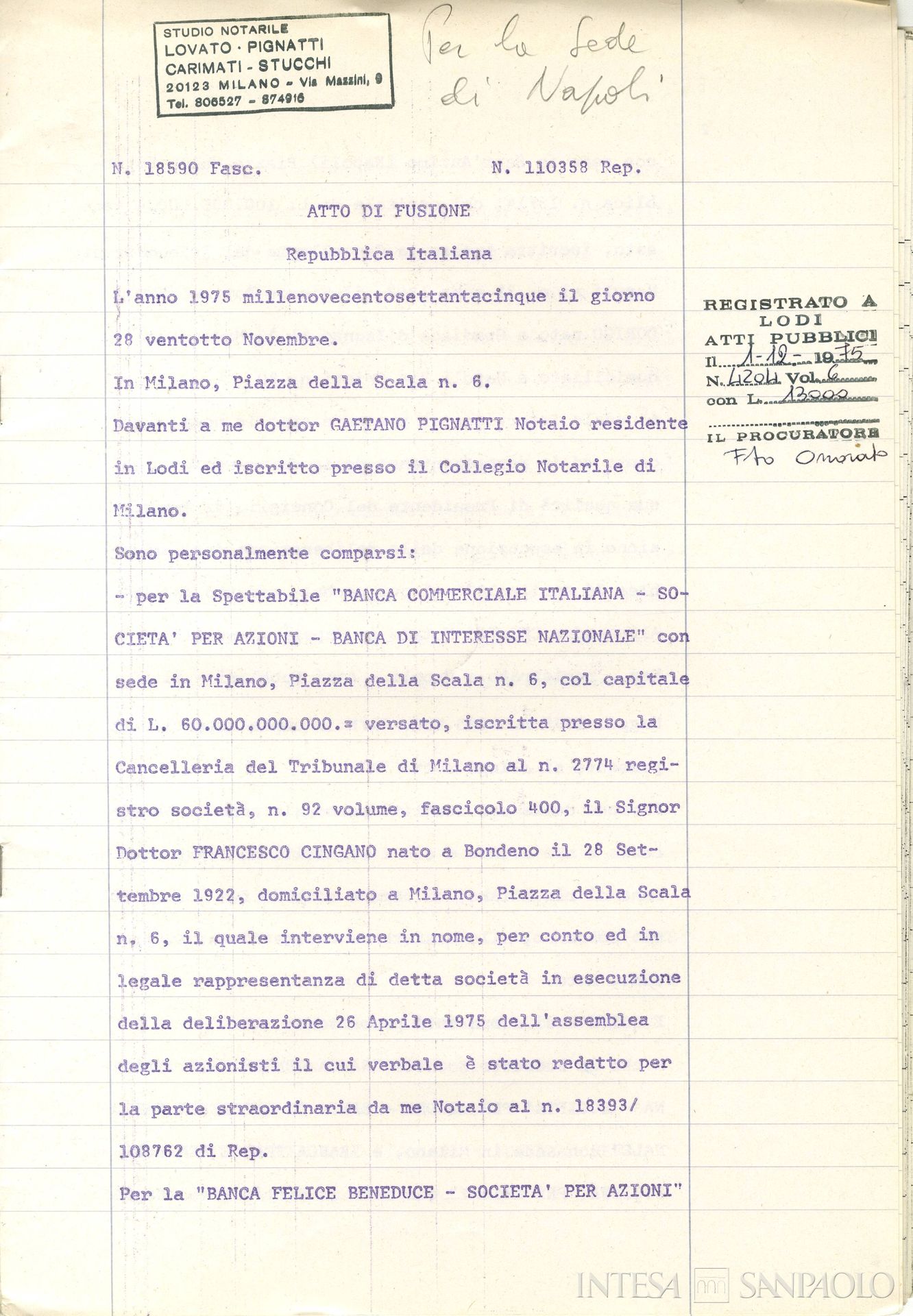 Banca Felice Beneduce, pagina estratta dall'atto di fusione nella Banca Commerciale Italiana, 1975