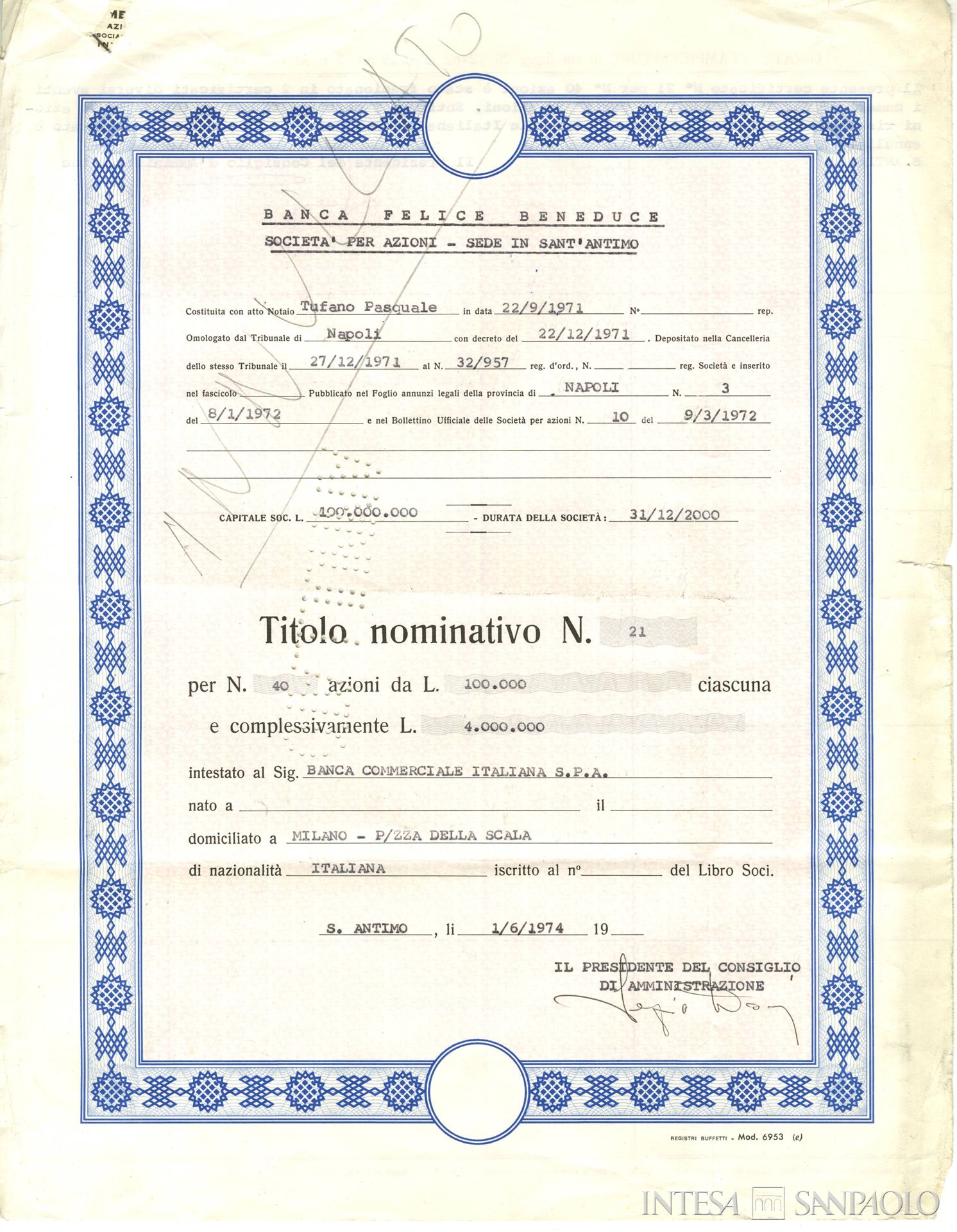 Banca Felice Beneduce, titolo azionario, 1974