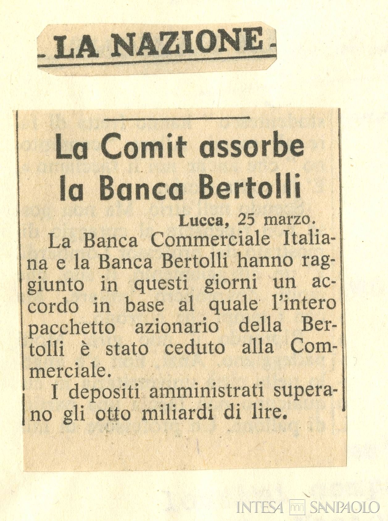 Banca Francesco Bertolli, ritaglio stampa relativo alla cessione del pacchetto azionario alla Banca Commerciale Italiana, tratto da La Nazione, 26 marzo 1969