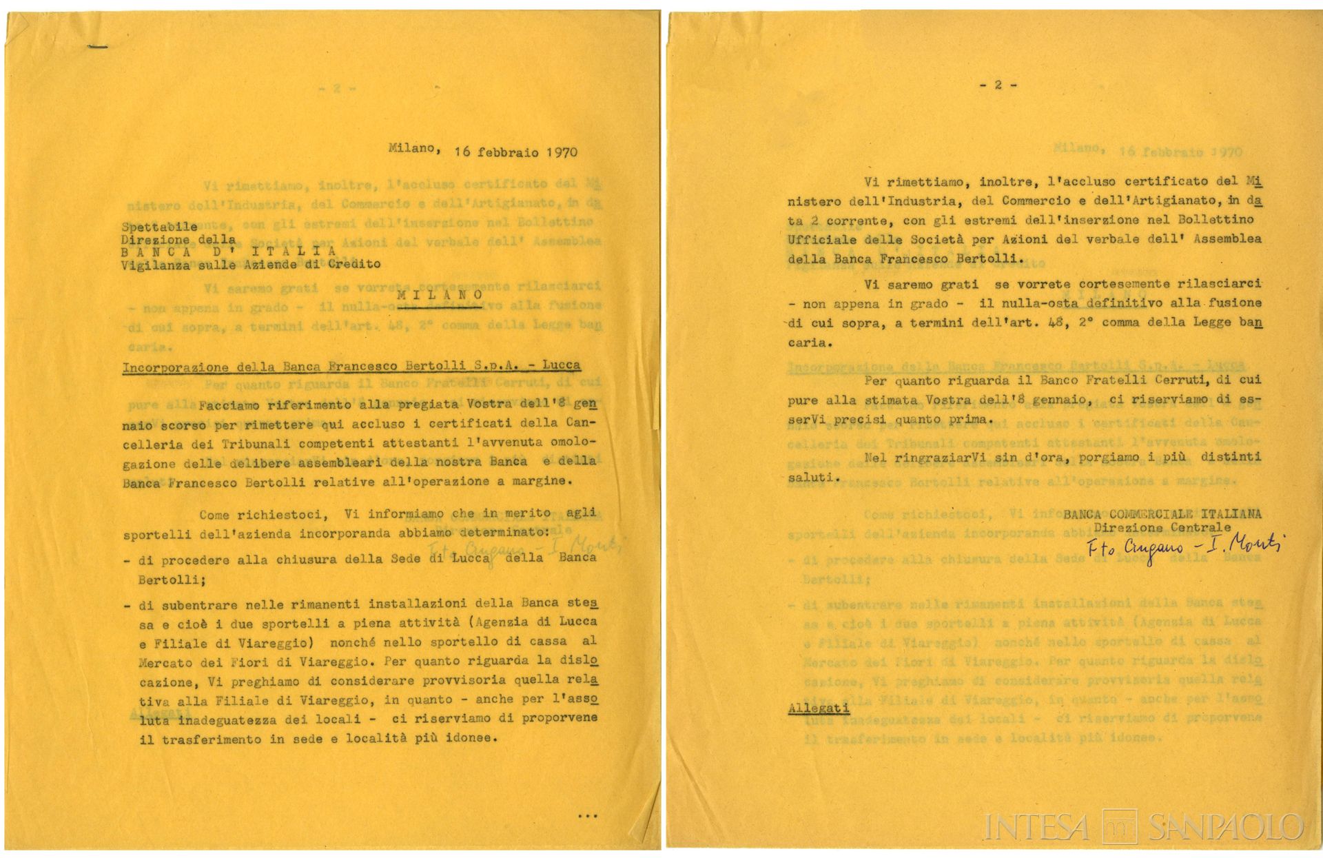 Banca Francesco Bertolli, corrispondenza fra la Banca Commerciale Italiana e la Banca d'Italia in merito alla fusione dell'istito lucchese, 16 febbraio 1970