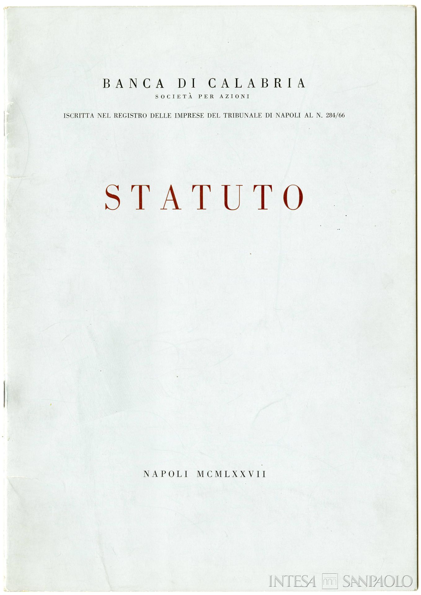 Banca di Calabria, frontespizio dello statuto, 1977