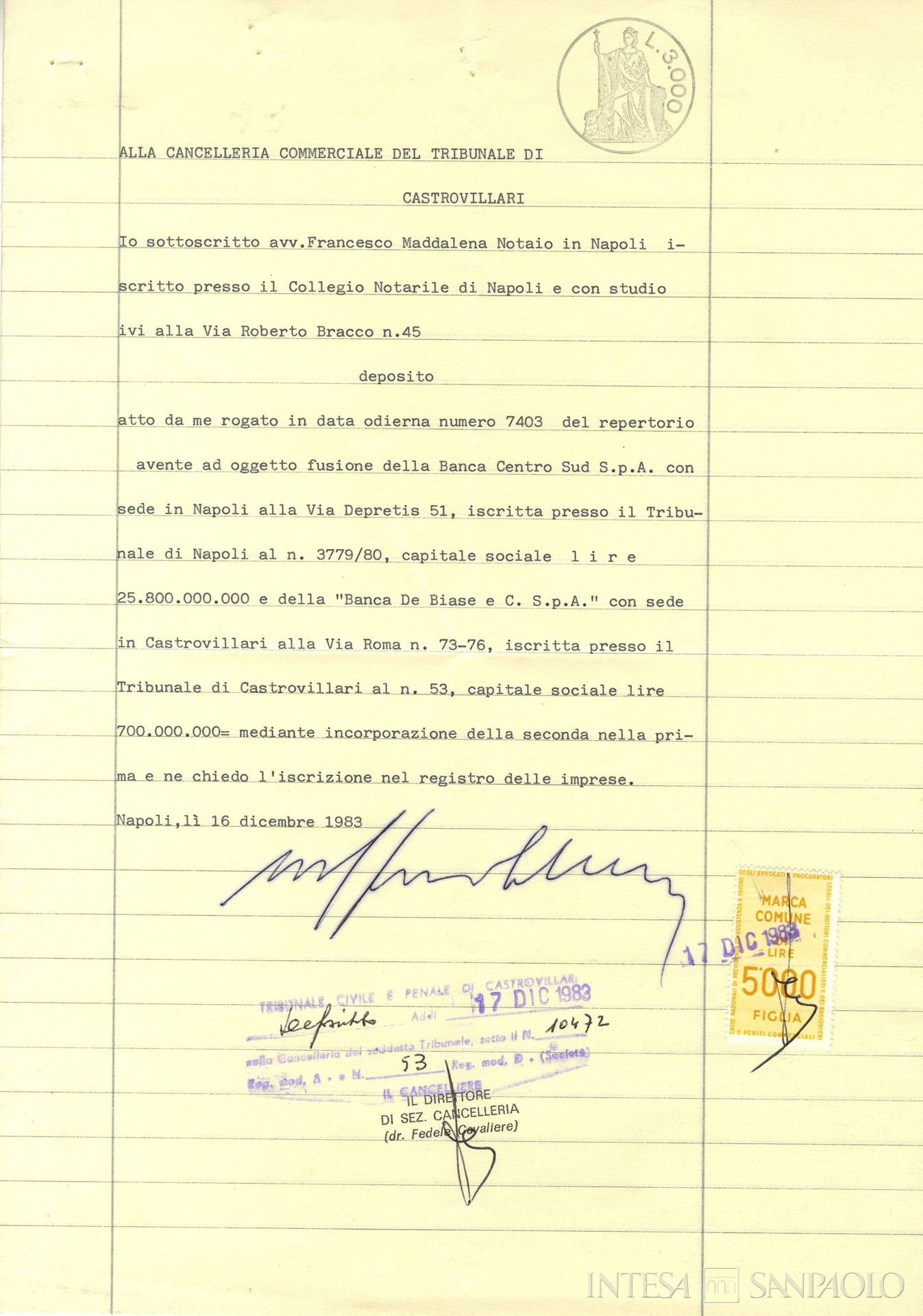 Banca Centro Sud, deposito dell'atto di fusione con la Banca de Biase e C. S.p.A., 1983