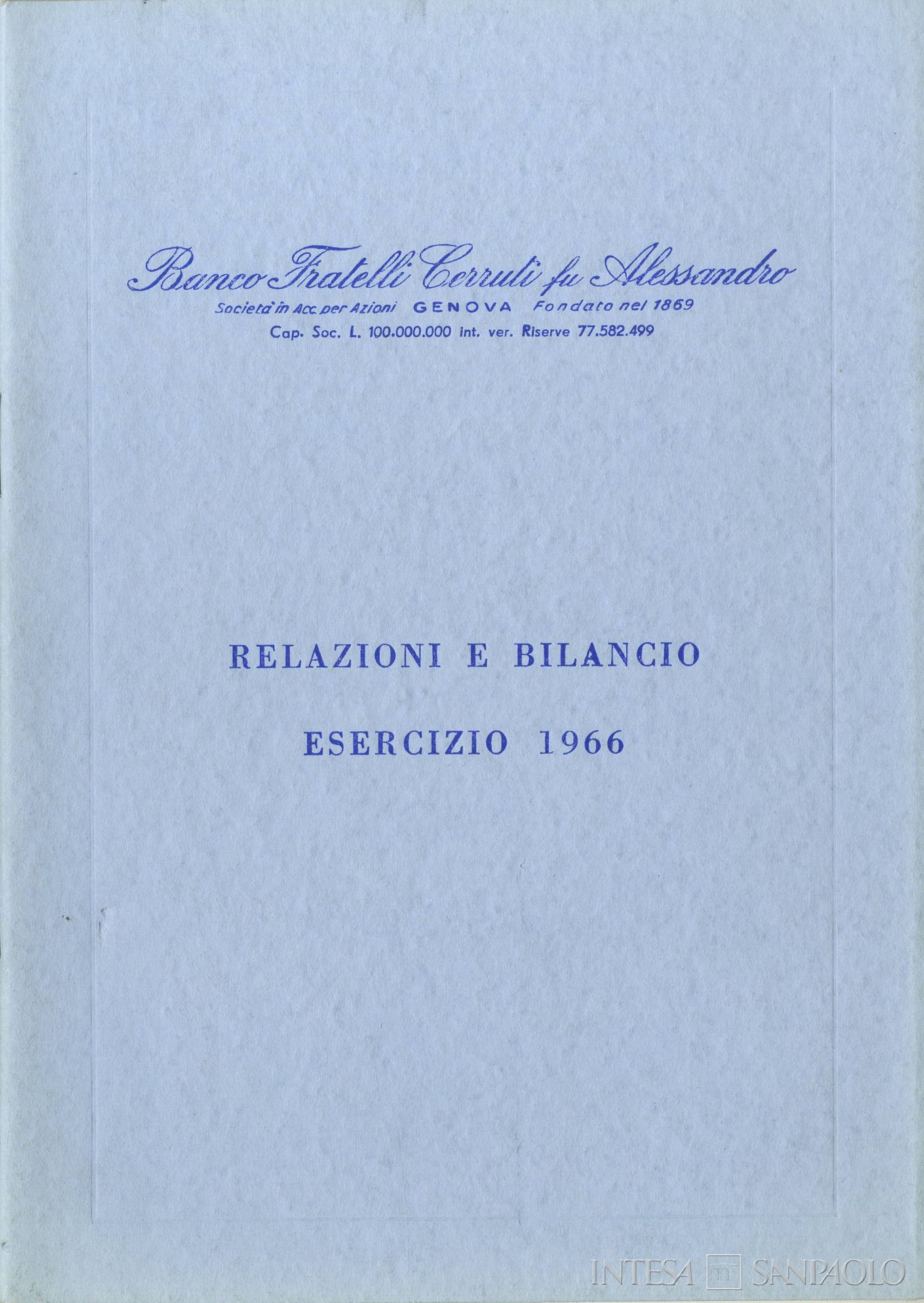 Banco Fratelli Cerruti fu Alessandro, frontespizio del bilancio 1966