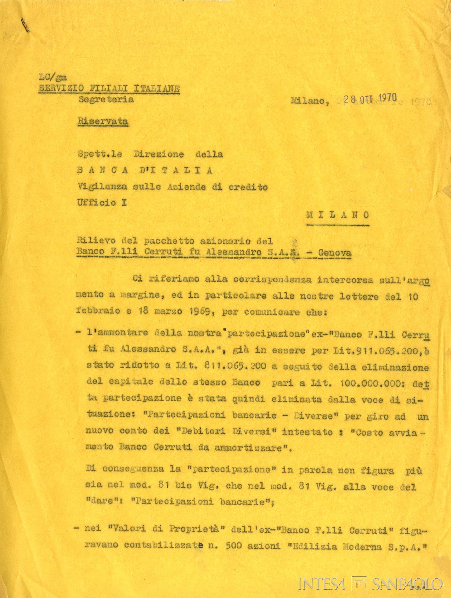 Banco Fratelli Cerruti fu Alessandro, corrispondenza relativa alla fusione con la Banca Commerciale Italiana, 28 ottobre 1970