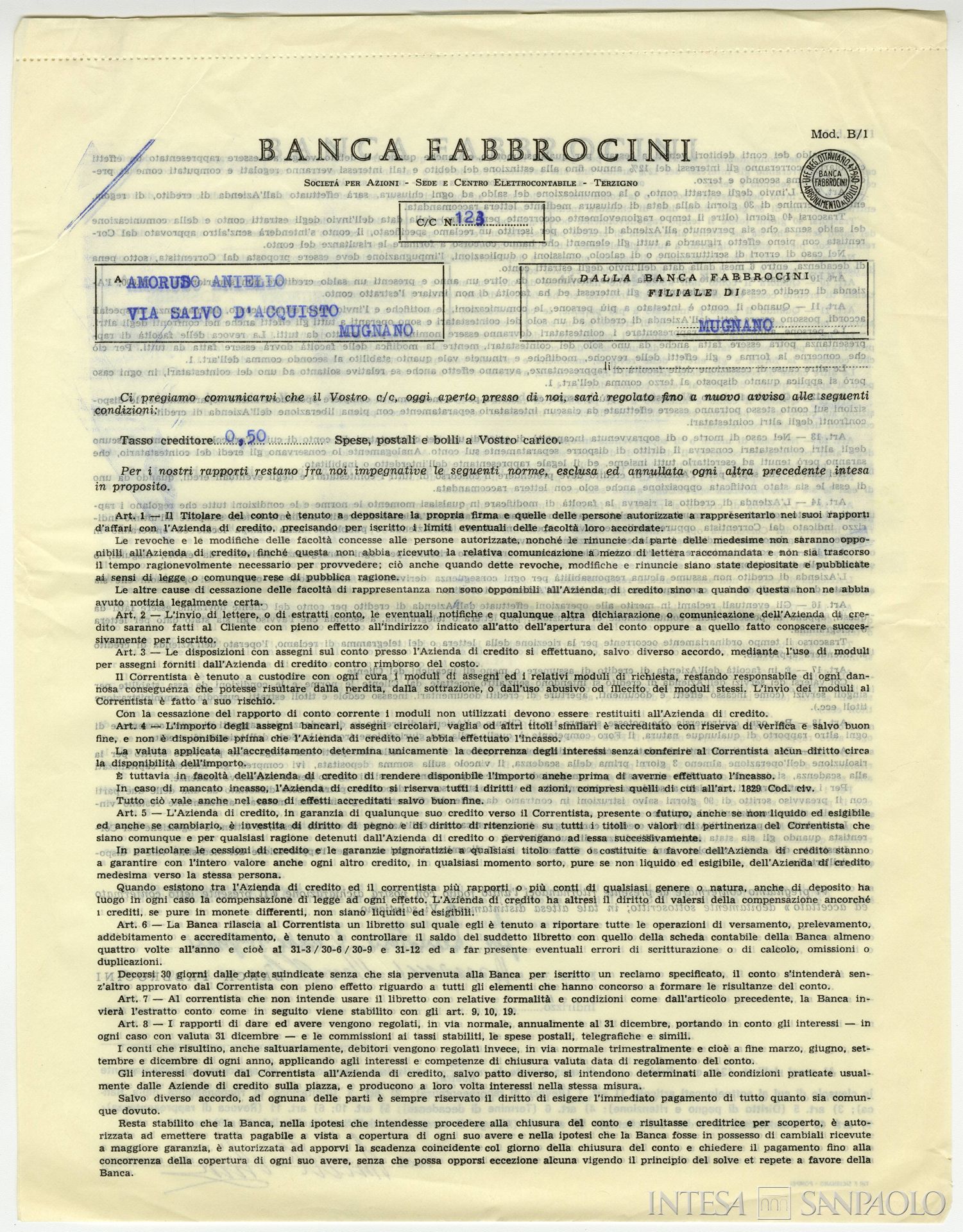Banca Fabbrocini, modulo bancario, anni Sessanta-Settanta