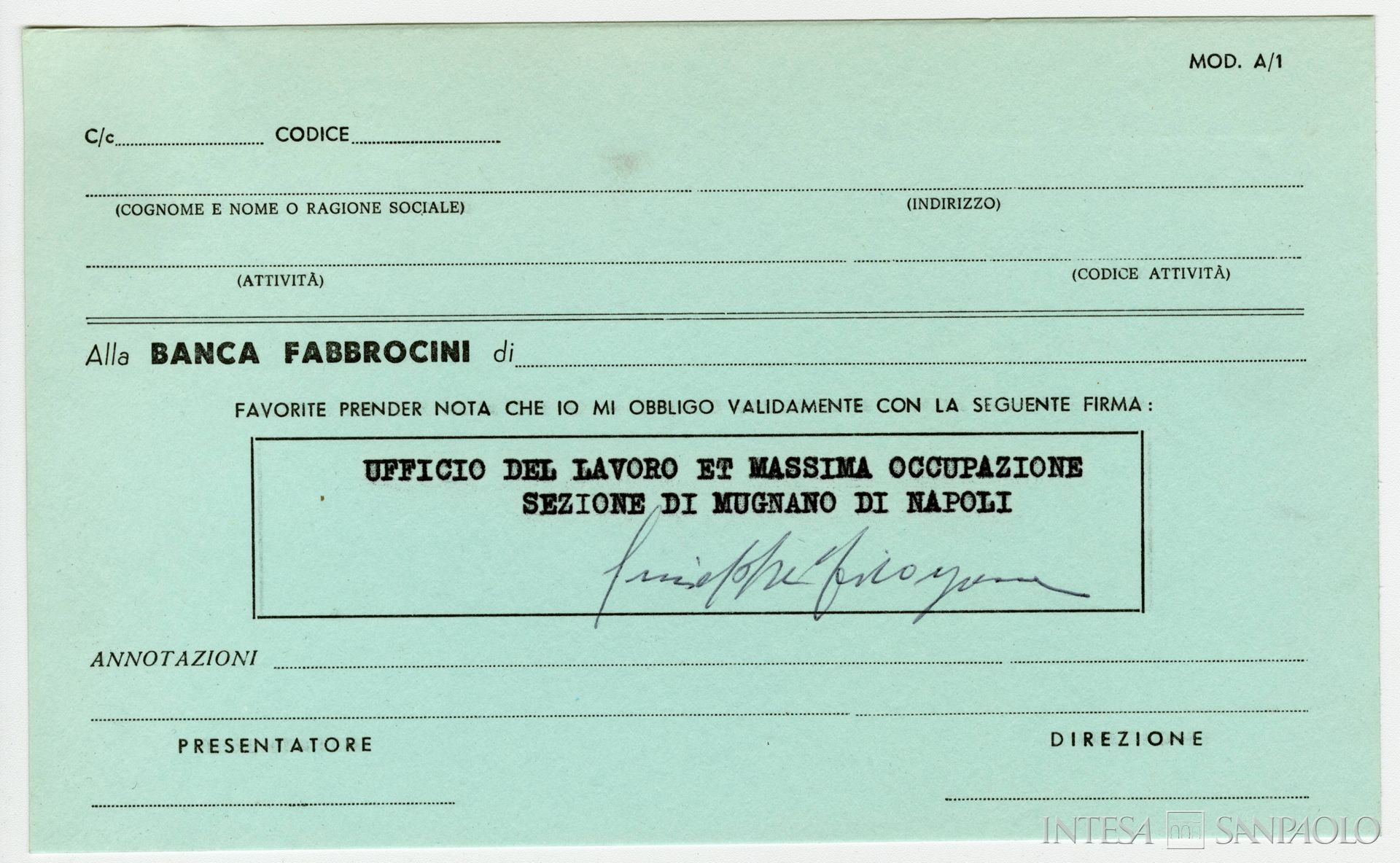 Banca Fabbrocini, modulo bancario, anni Sessanta-Settanta