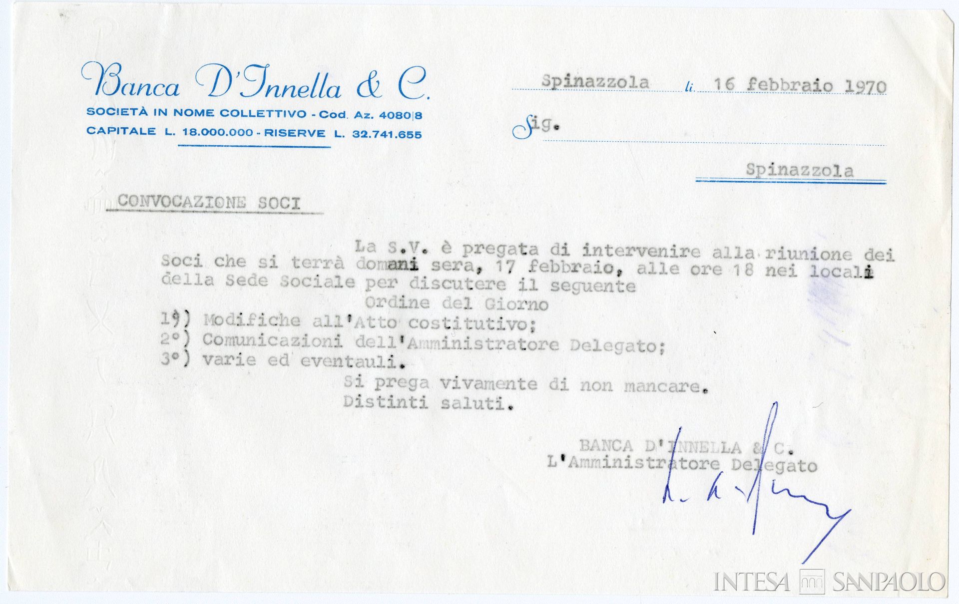 Banca d'Innella & C., convocazione dei soci, 16 febbraio 1970