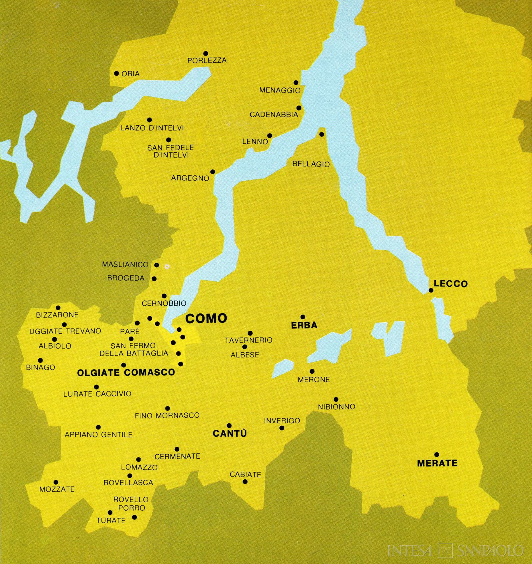 Banco Lariano, rete territoriale della provincia di Como, illustrazione tratta da un opuscolo informativo edito dall'istituto, 1975