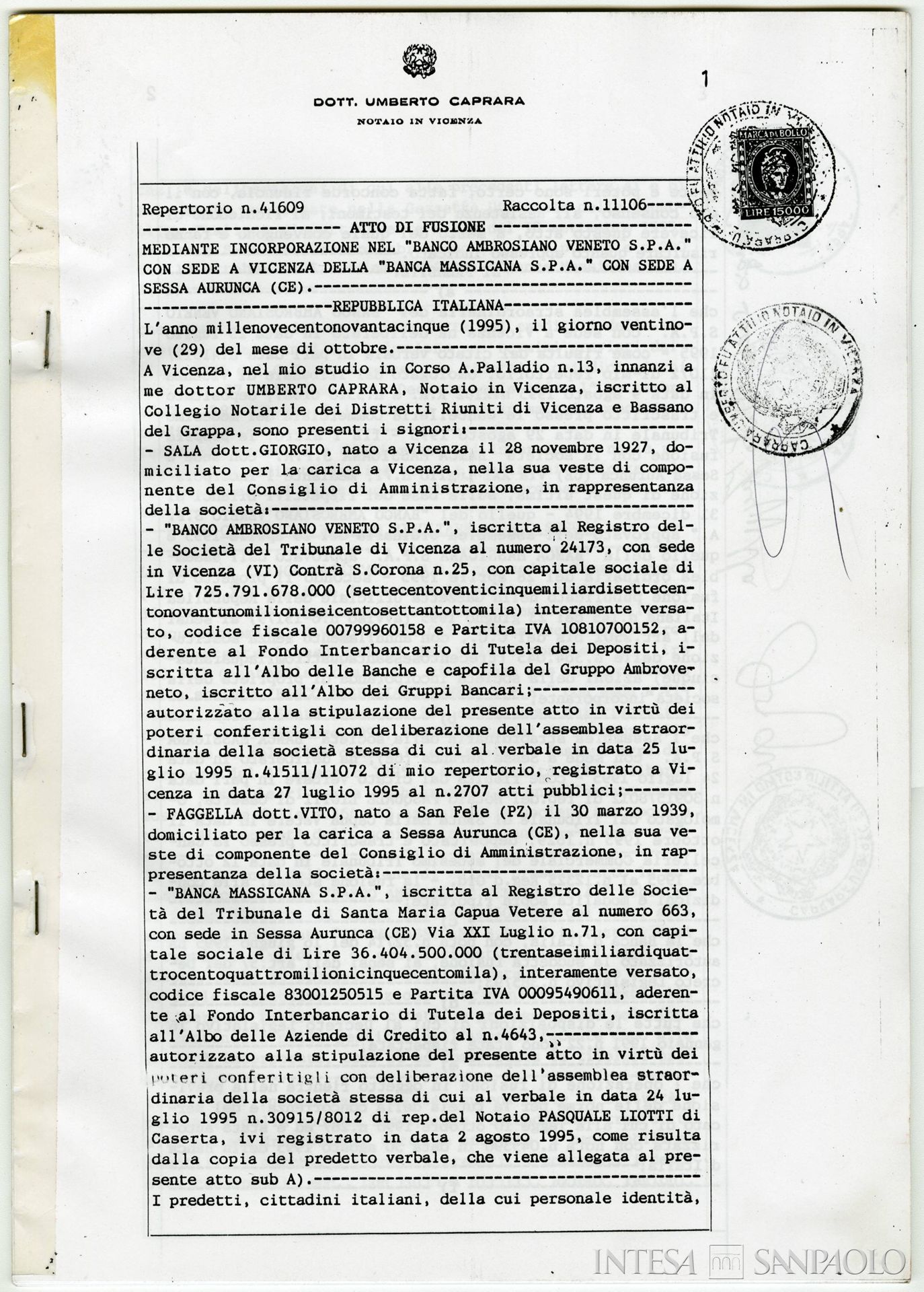 Banca Massicana, copia dell'atto notarile che sancisce la fusione con il Banco Ambrosiano Veneto, 29 ottobre 1995