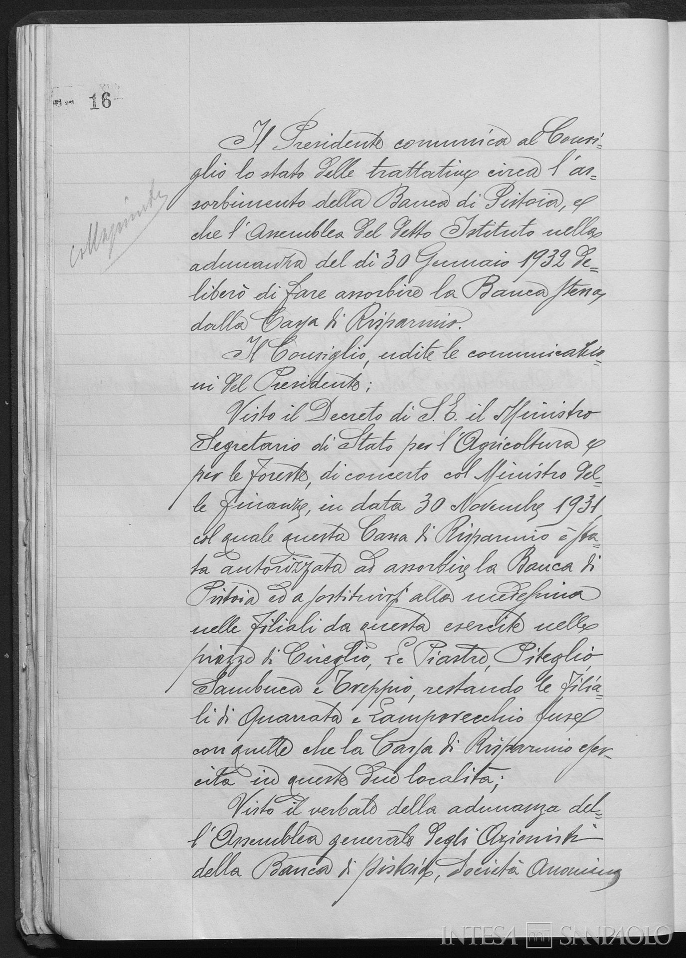 Banca di Pistoia, pagina del verbale del Consiglio di Amministrazione della Cassa di Risparmio di Pistoia relativo all'incorporazione della Banca di Pistoia, 1932