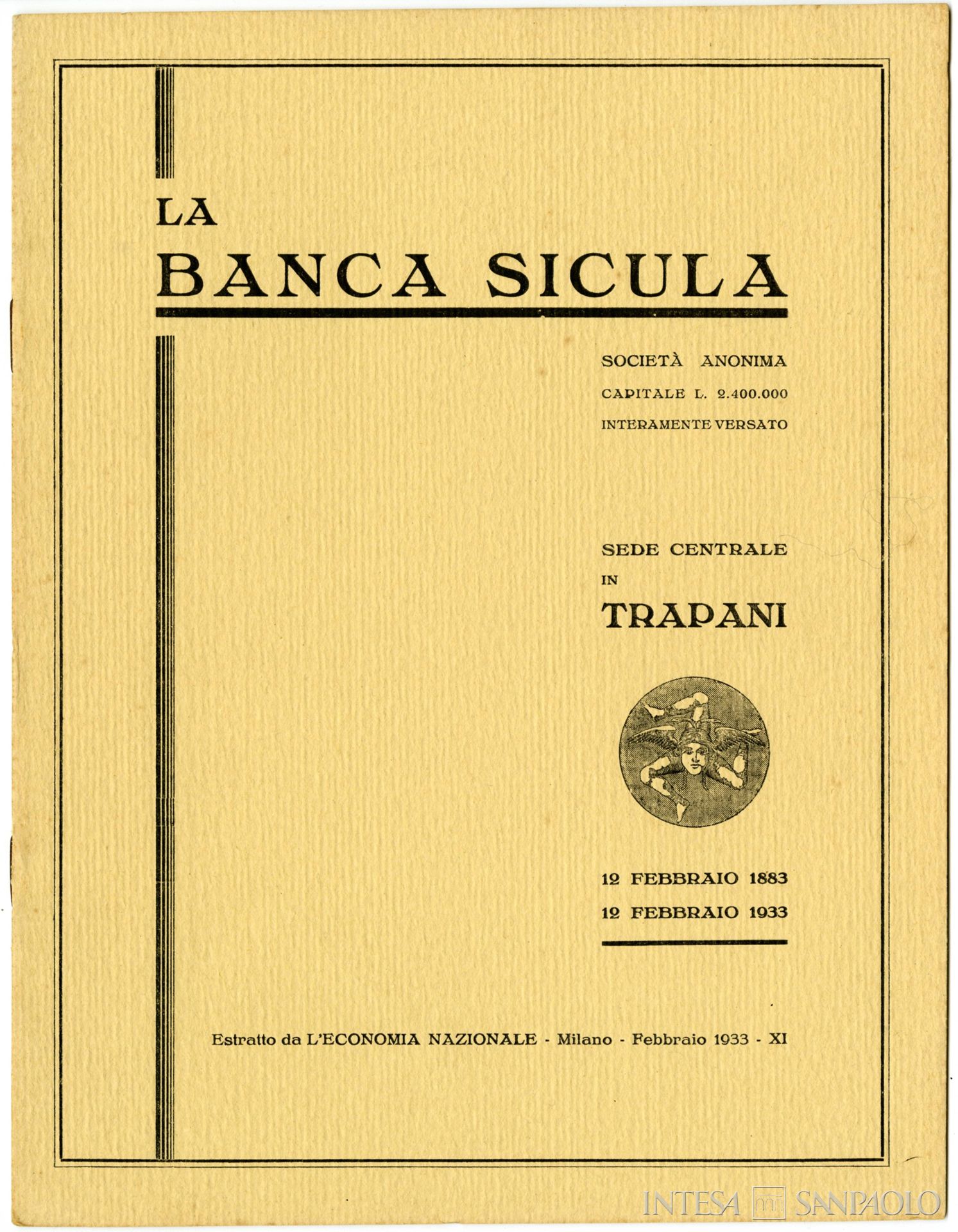 Banca Sicula, frontespizio dell'opuscolo edito in occasione del cinquantesimo anniversario dell'istituto, 1933