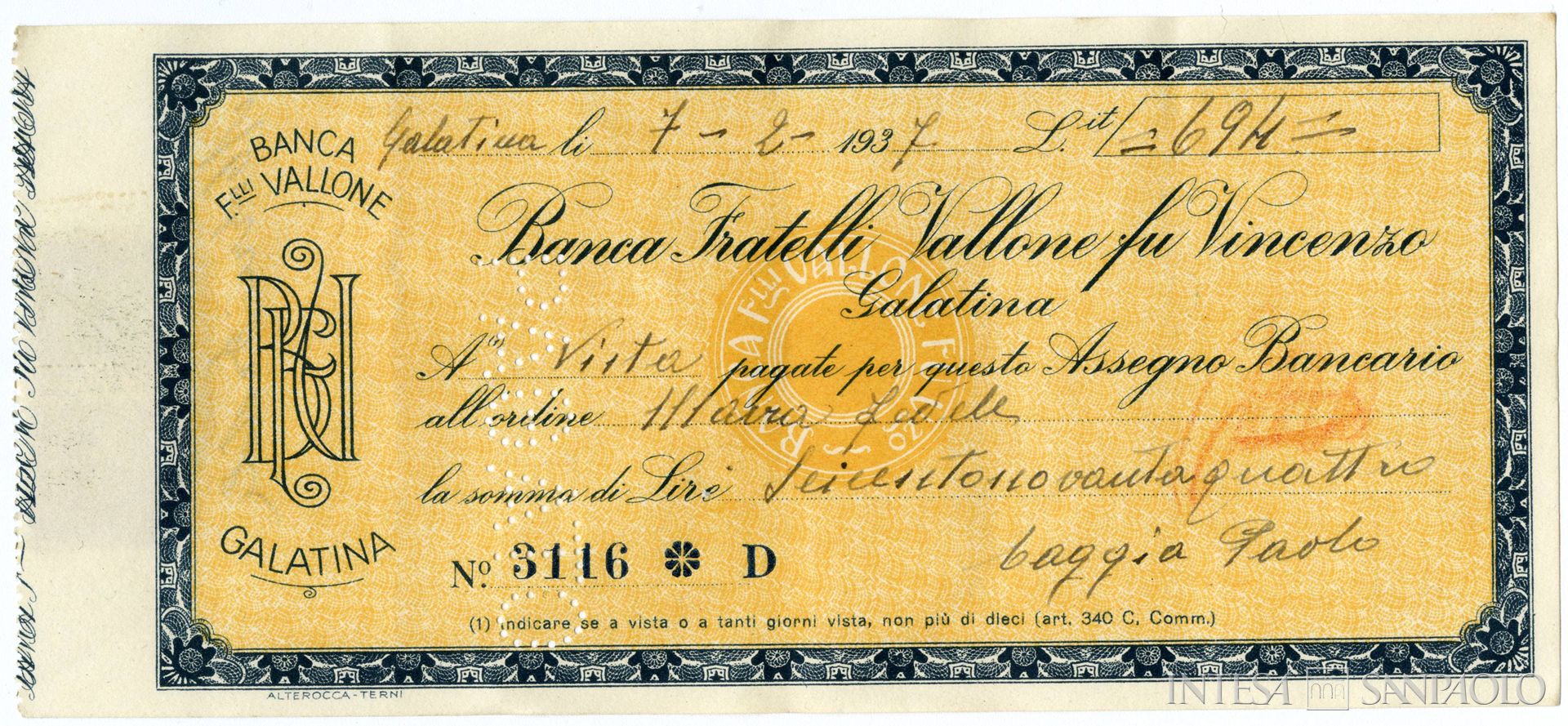 Banca Vallone, assegno bancario, 1937