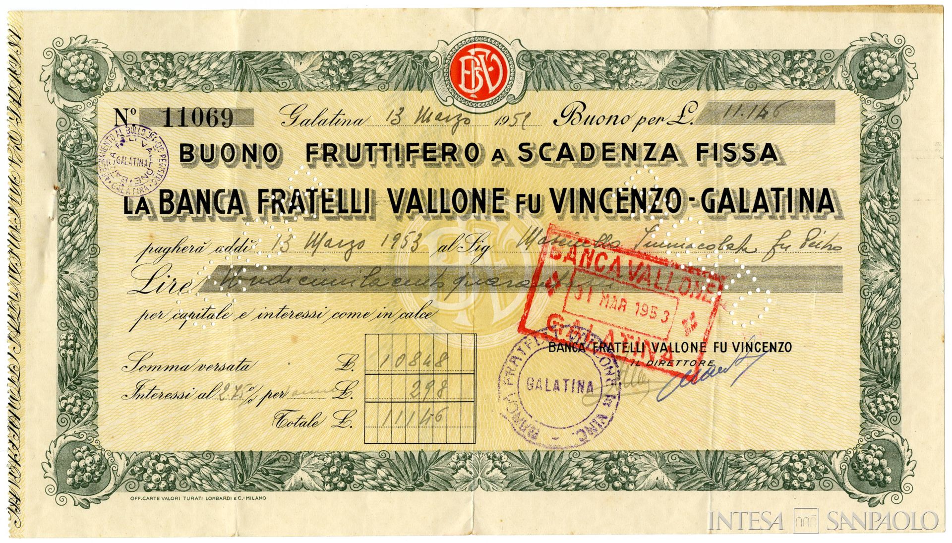Banca Vallone, buono fruttifero a scadenza fissa, 1952