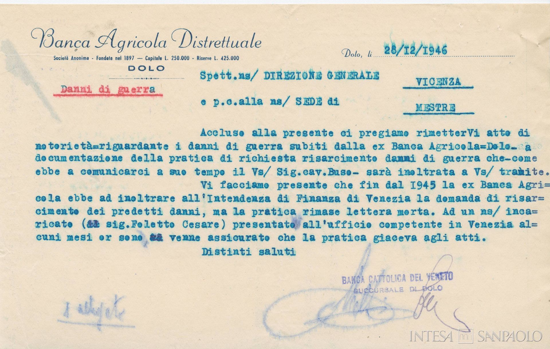 Banca Agricola Distrettuale, richiesta di risarcimento per i danni di guerra, 28 dicembre 1946