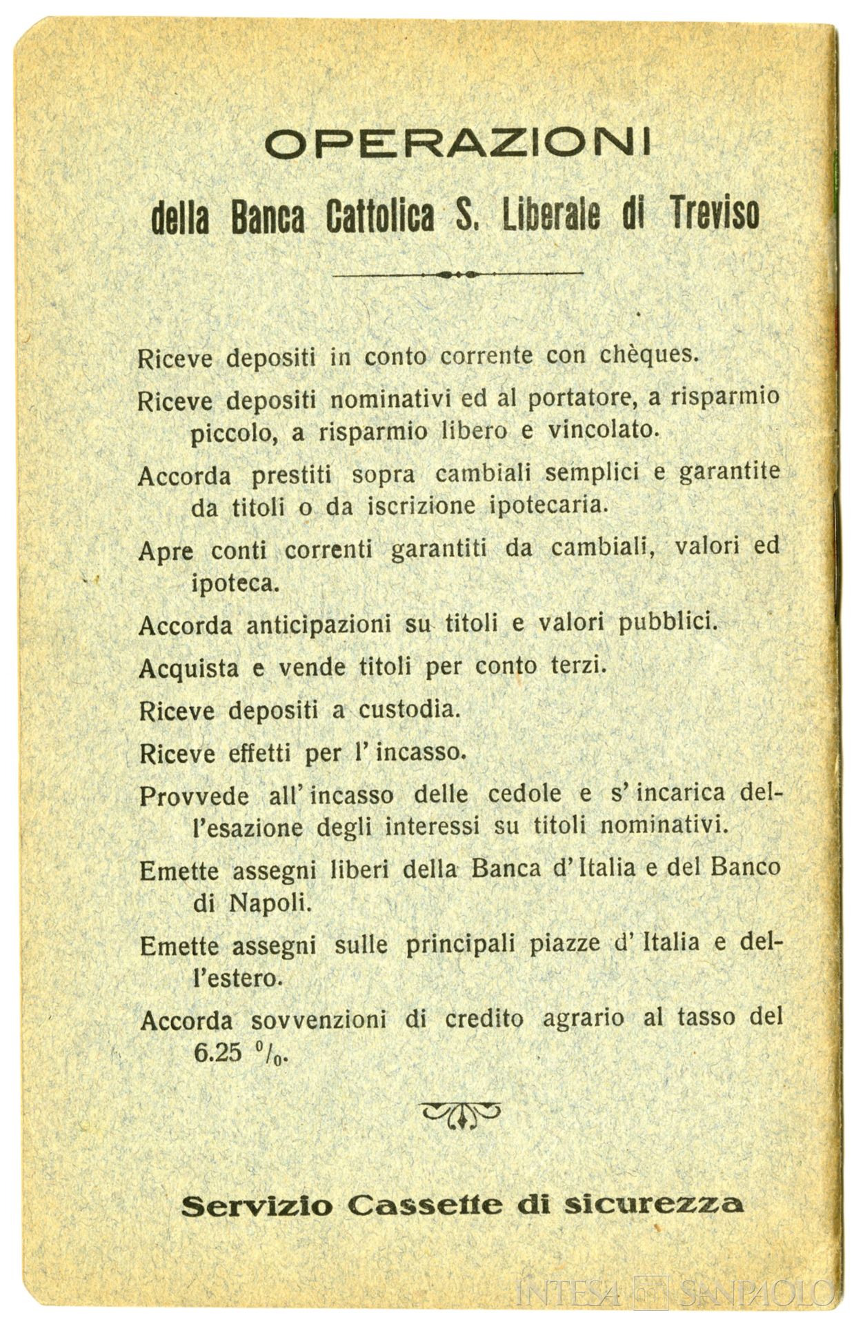 Banca Cattolica San Liberale, pubblicità delle operazioni eseguite dall'istituto sull'opuscolo Vademecum per l'emigrante, 1928