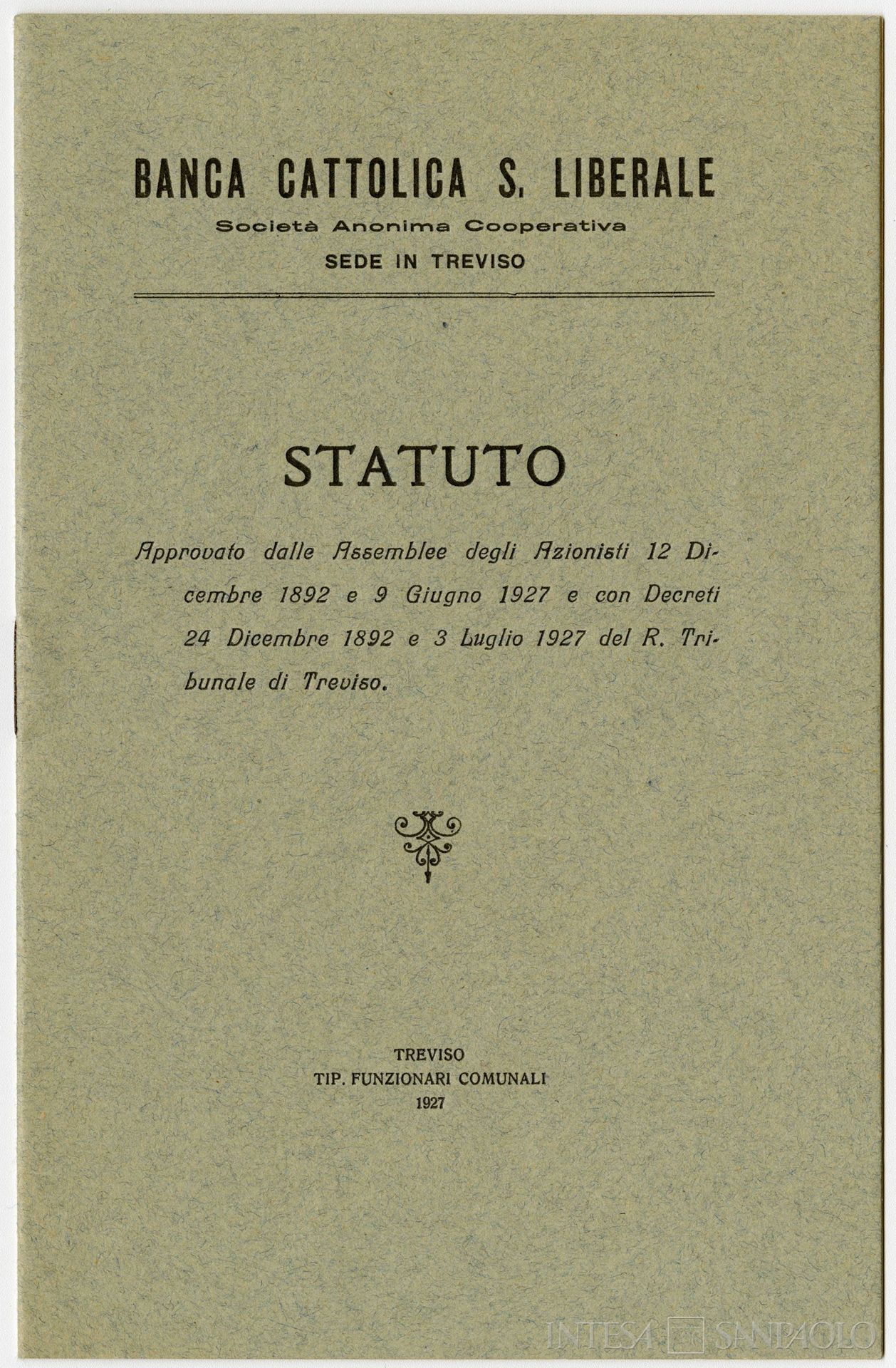 Banca Cattolica San Liberale, statuto, 1927