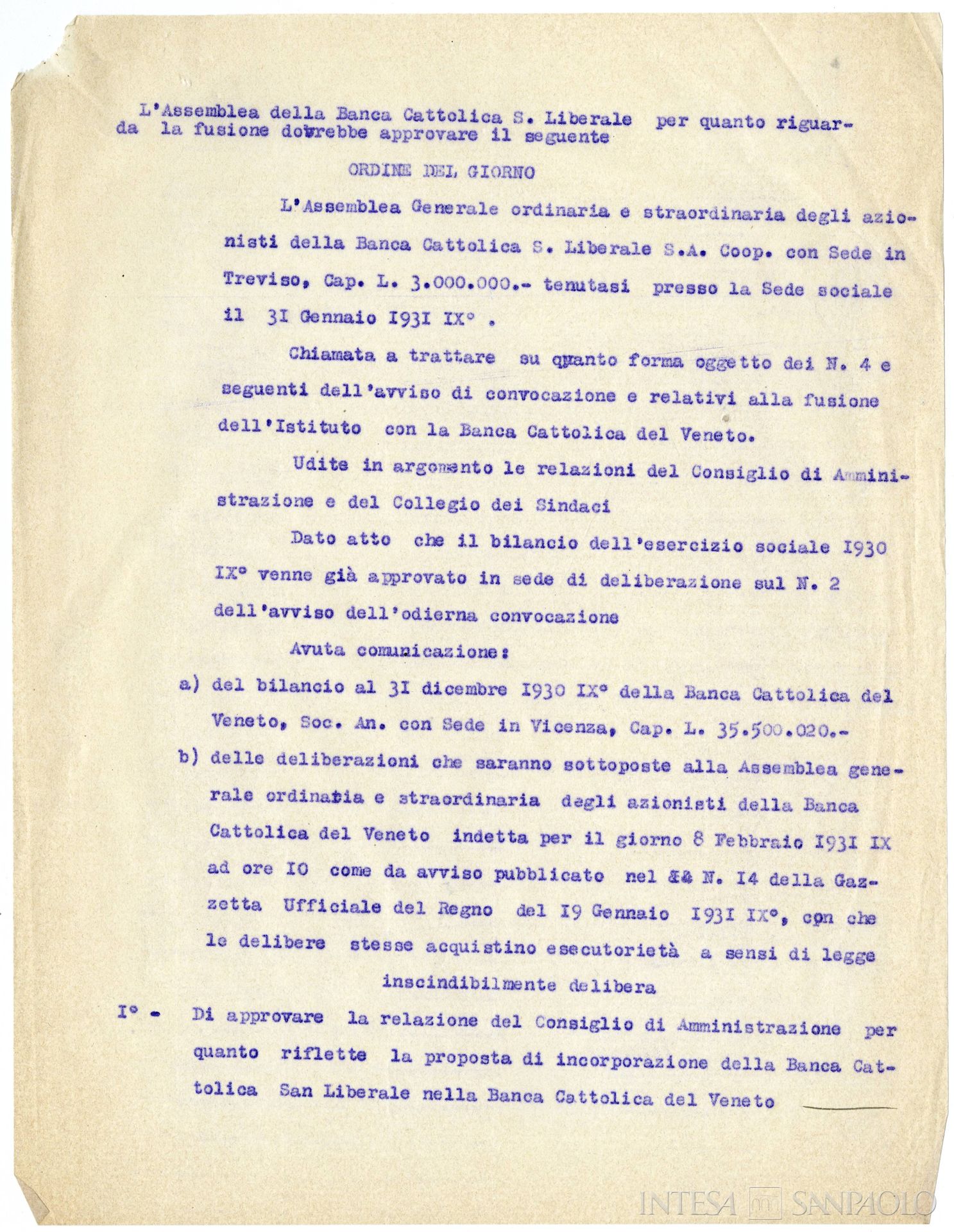 Banca Cattolica San Liberale, ordine del giorno dell'Assemblea Generale ordinaria e straordinaria relativa alla fusione dell'istituto con la Banca Cattolica del Veneto, 31 gennaio 1931