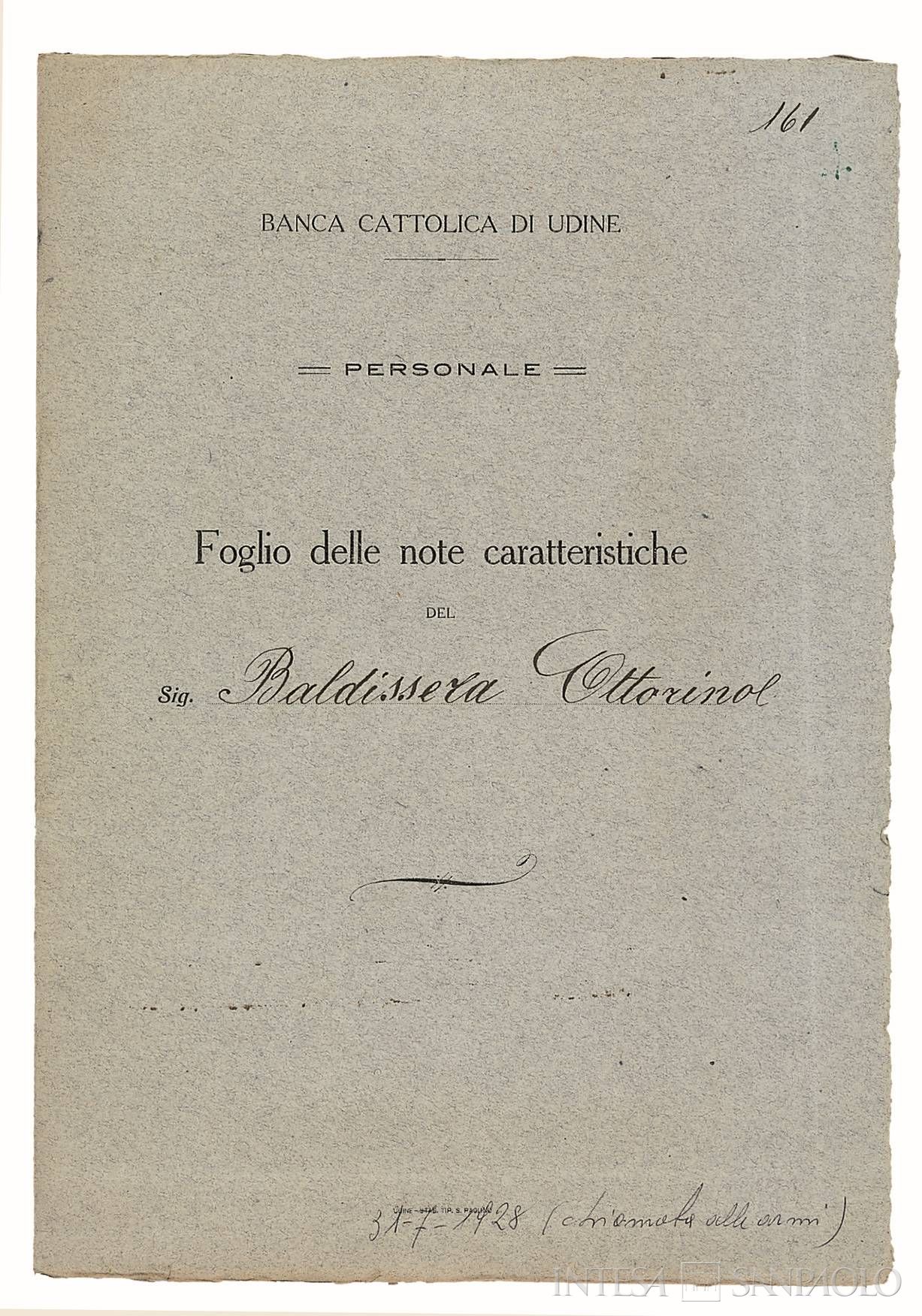 Banca Cattolica di Udine, fascicolo personale di Ottorino Baldissera, dipendente dell'istituto, 1928