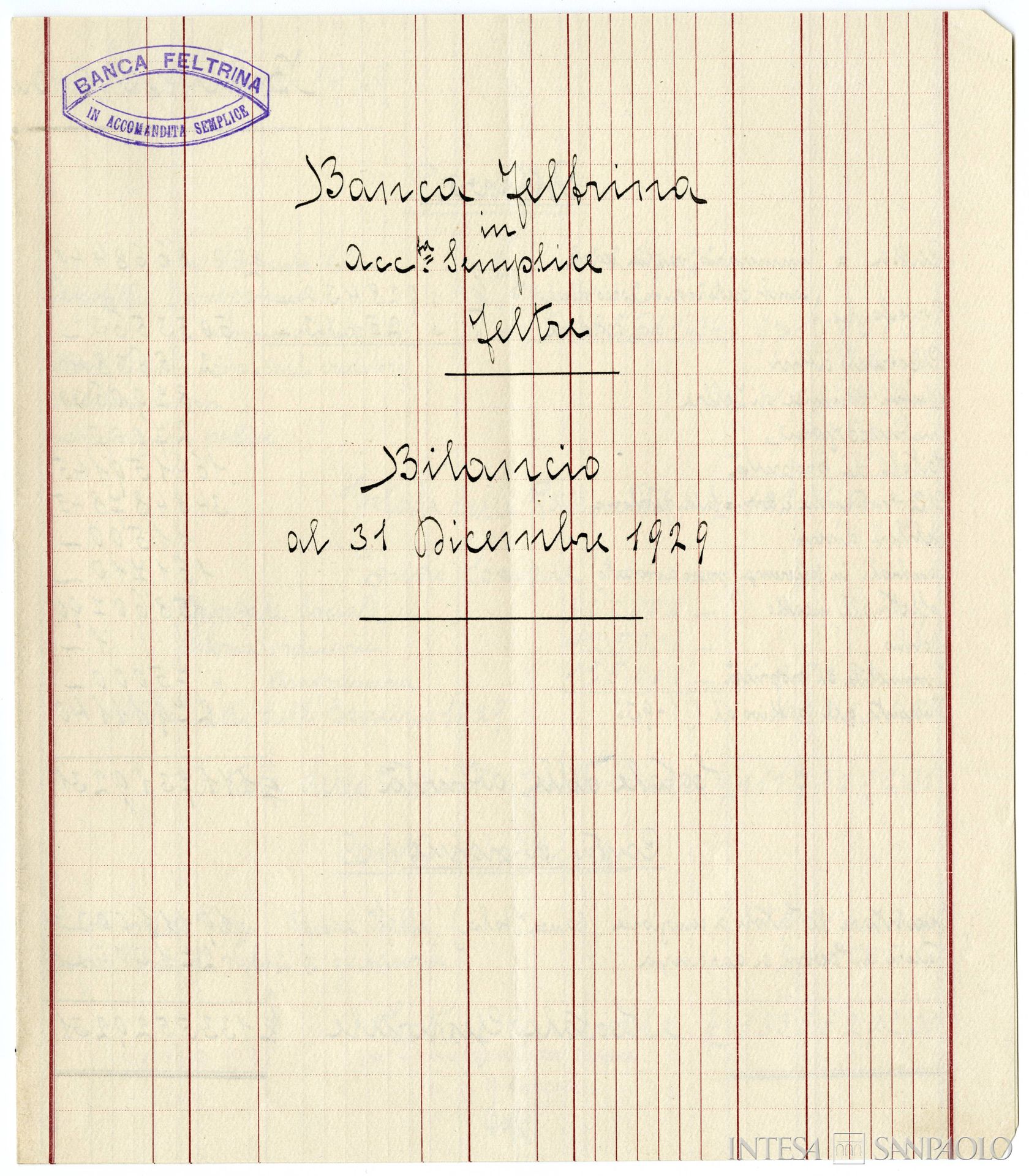 Banca Feltrina, bilancio, 31 dicembre 1929