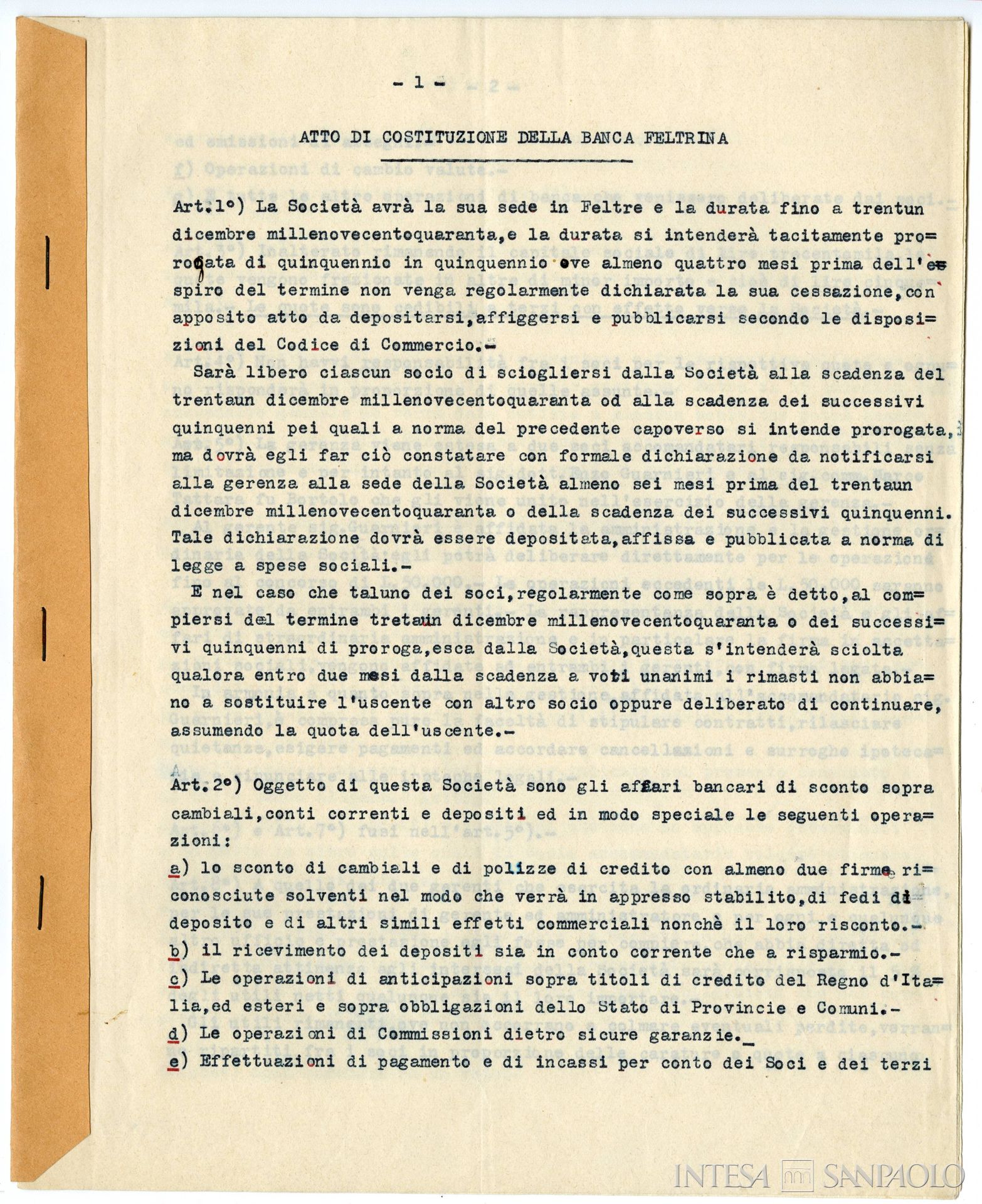 Banca Feltrina, pagina estratta da copia dell'atto di costituzione dell'istituto, 16 ottobre 1889