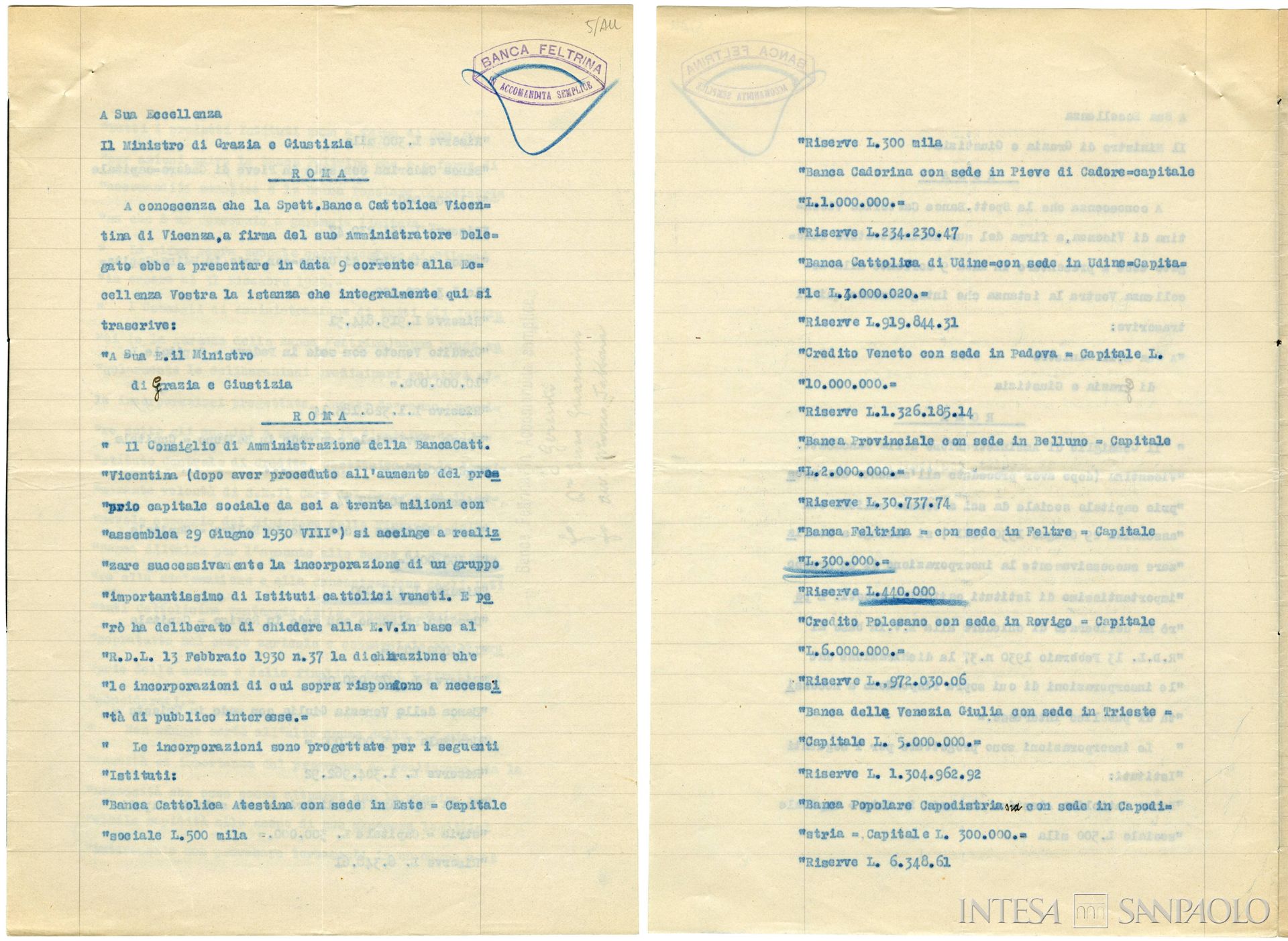 Banca Feltrina, istanza dei gerenti dell'istituto al Ministro di Grazie a e Giustizia relativa all'incorporazione nella Banca Cattolica Vicentina, 24 luglio 1930