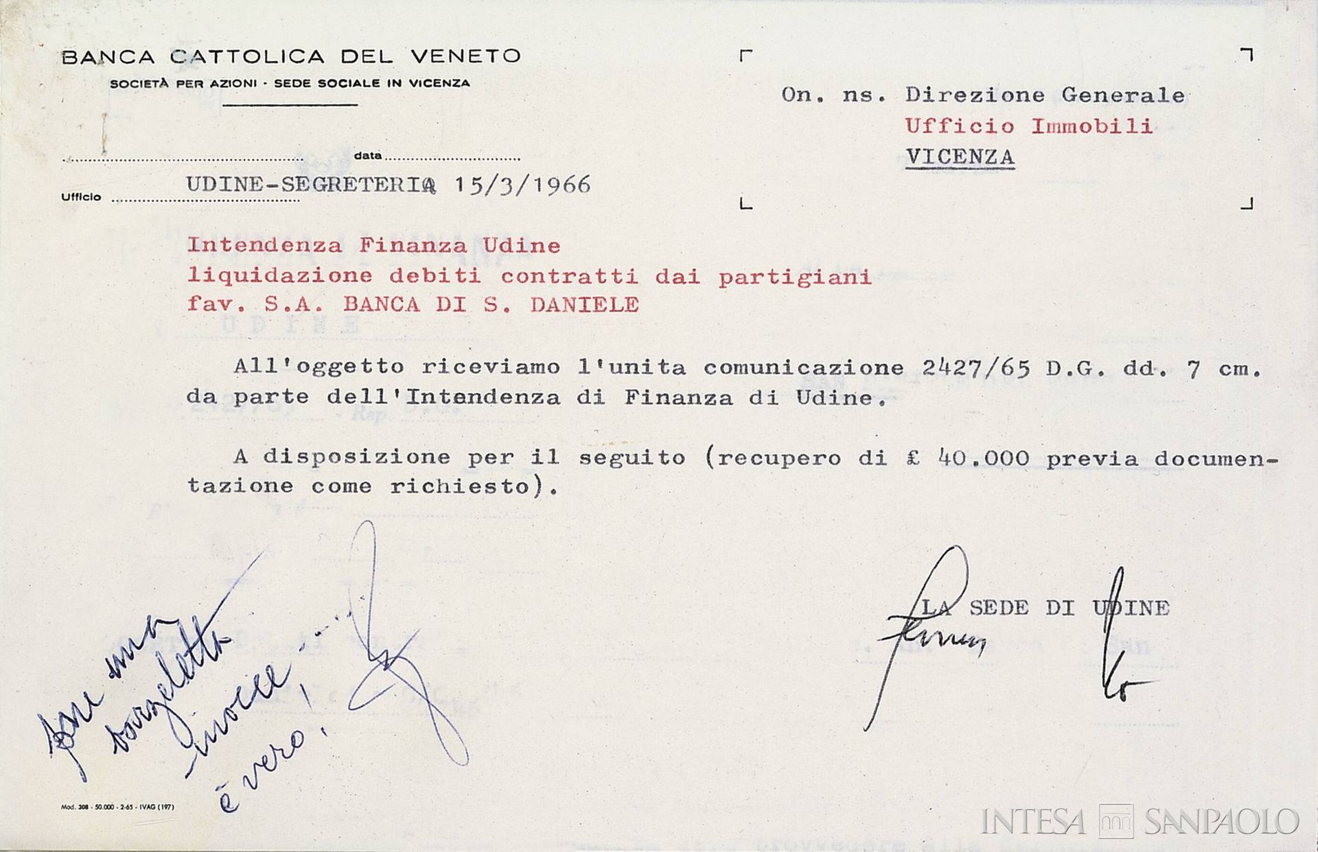 Banca di San Daniele, rimborso dei debiti contratti dai partigiani a favore dell'istituto, poi Banca Cattolica del Veneto, 1966