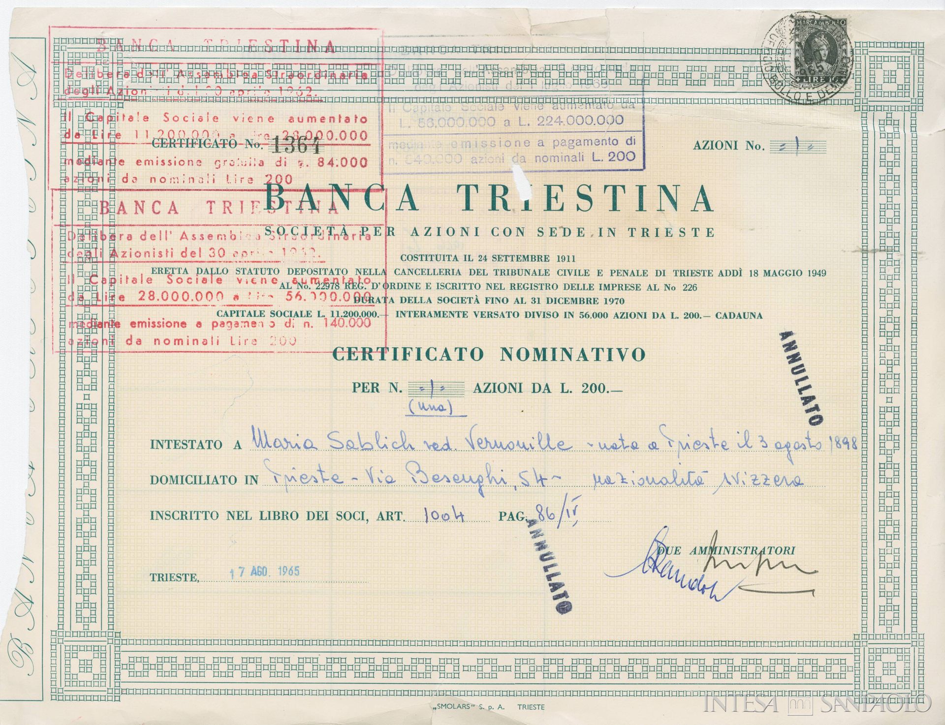 Banca Triestina, azione, 1965