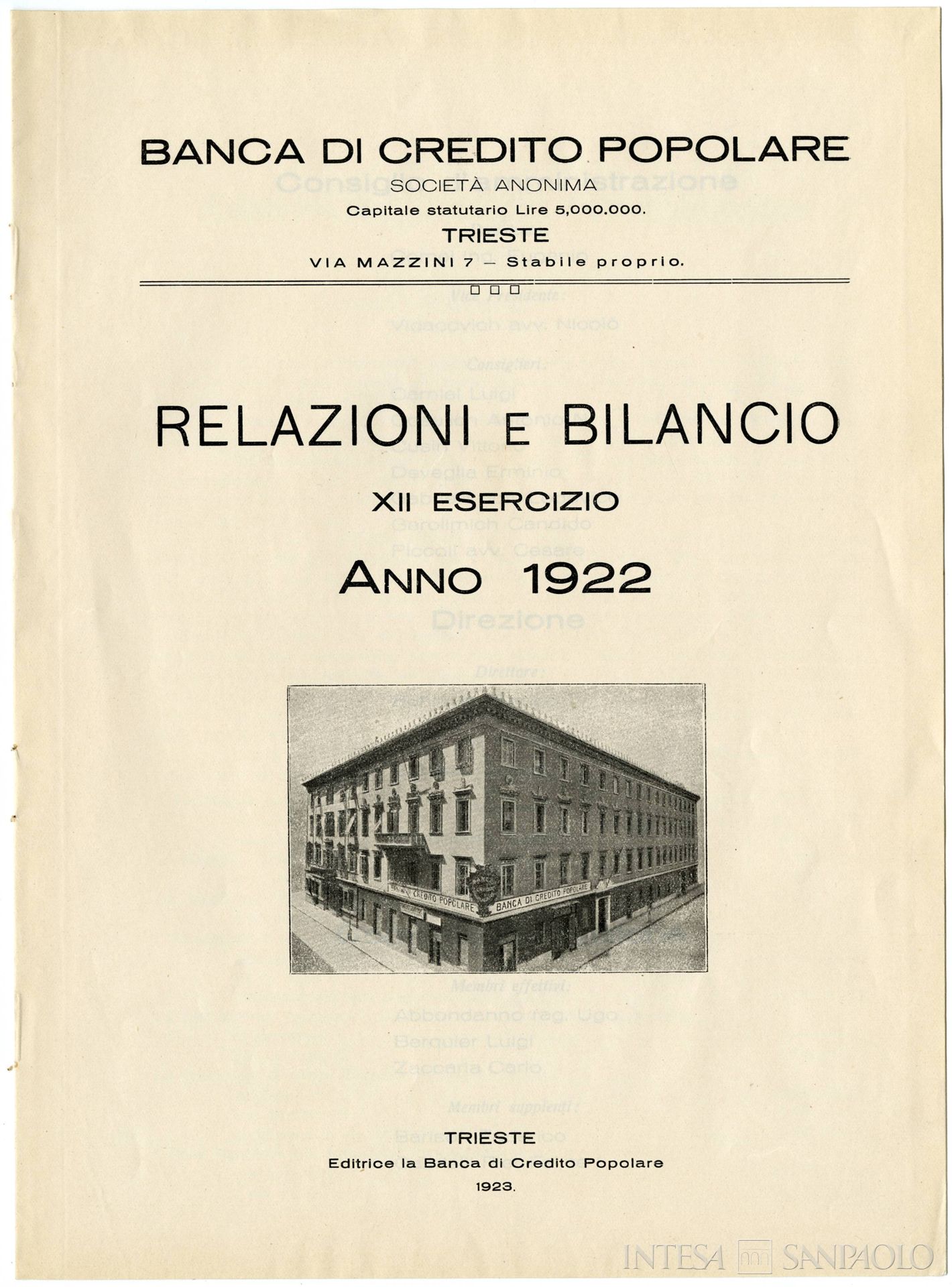 Banca Triestina, frontespizio della pubblicazione Relazioni e bilancio prima del cambio di denominazione da Banca di Credito Popolare, 1922