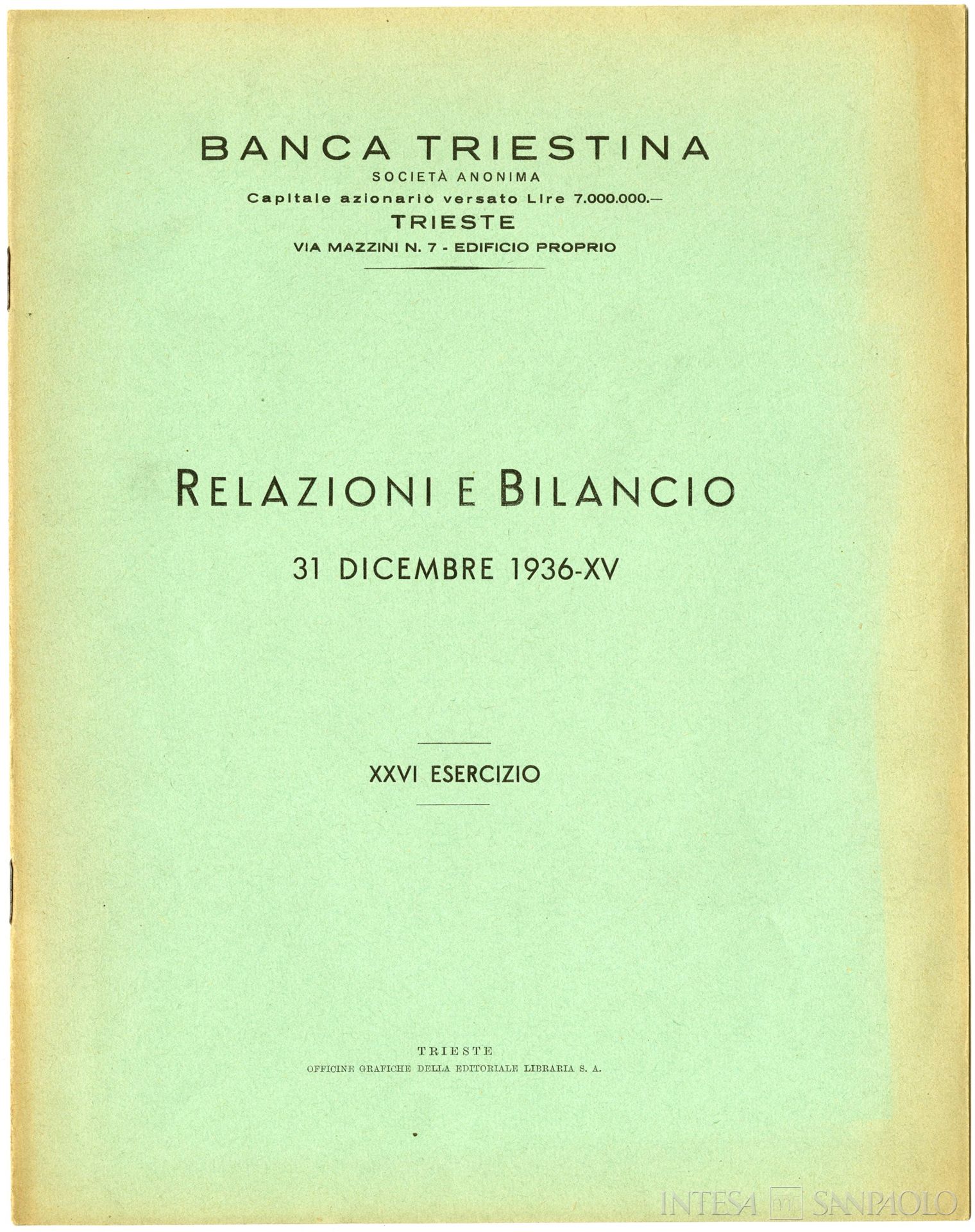 Banca Triestina, frontespizio della pubblicazione Relazioni e bilancio, 1936