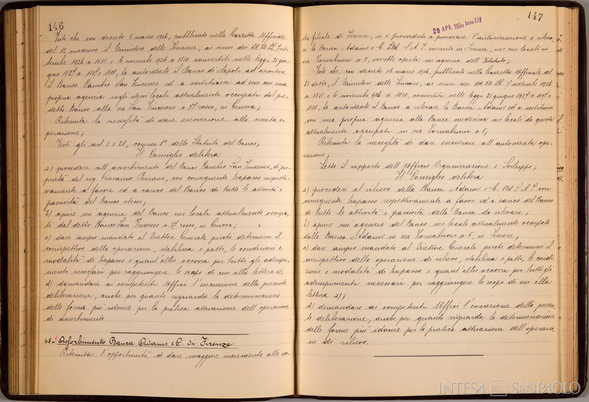 Banco di Napoli, Verbali del Consiglio di Amministrazione, seduta n. 68 relativa all'assorbimento di Banca Adams e C. di Firenze, 29 aprile 1936 (Archivio Storico del Banco di Napoli)
