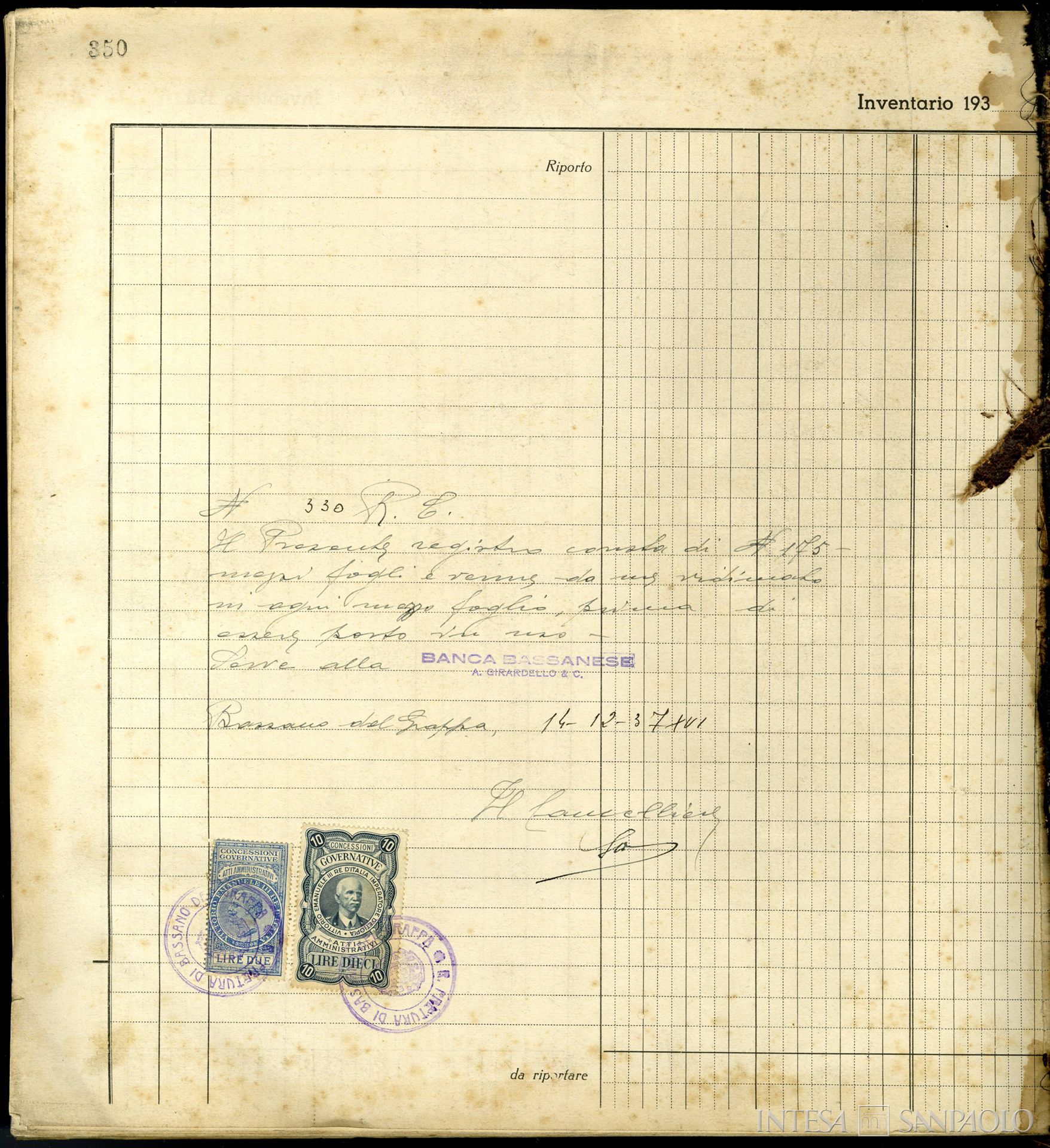 Banca Bassanese A. Girardello & C., pagina tratta da un registro dell'istituto, 1937