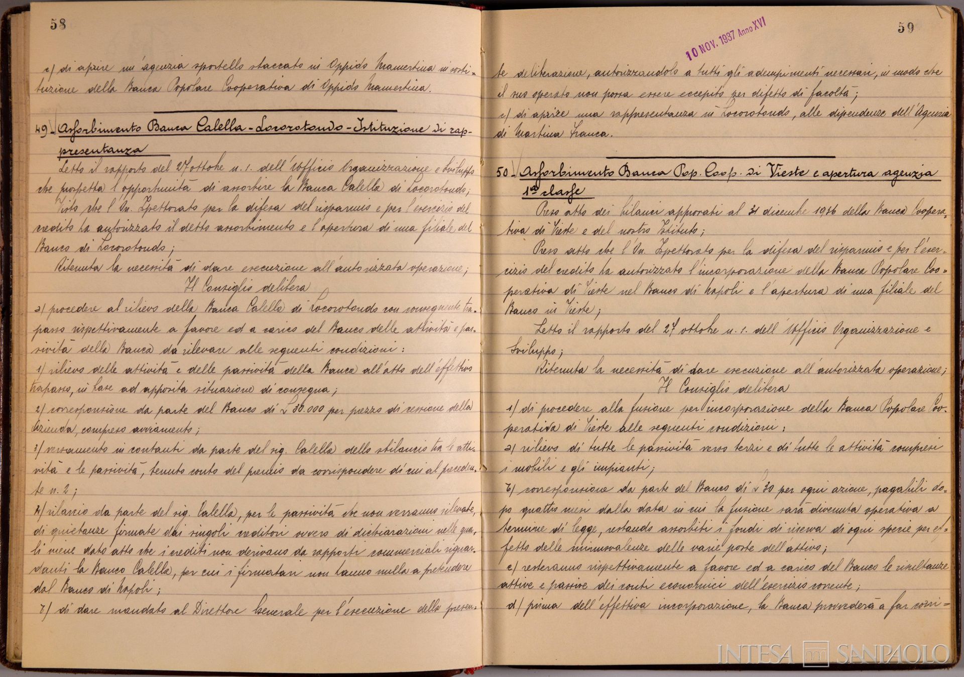 Banco di Napoli, Verbali del Consiglio di Amministrazione, delibera n. 49 relativa all'assorbimento della Banca Calella e istituzione di una rappresentanza, 10 novembre 1937 (Archivio Storico del Banco di Napoli)