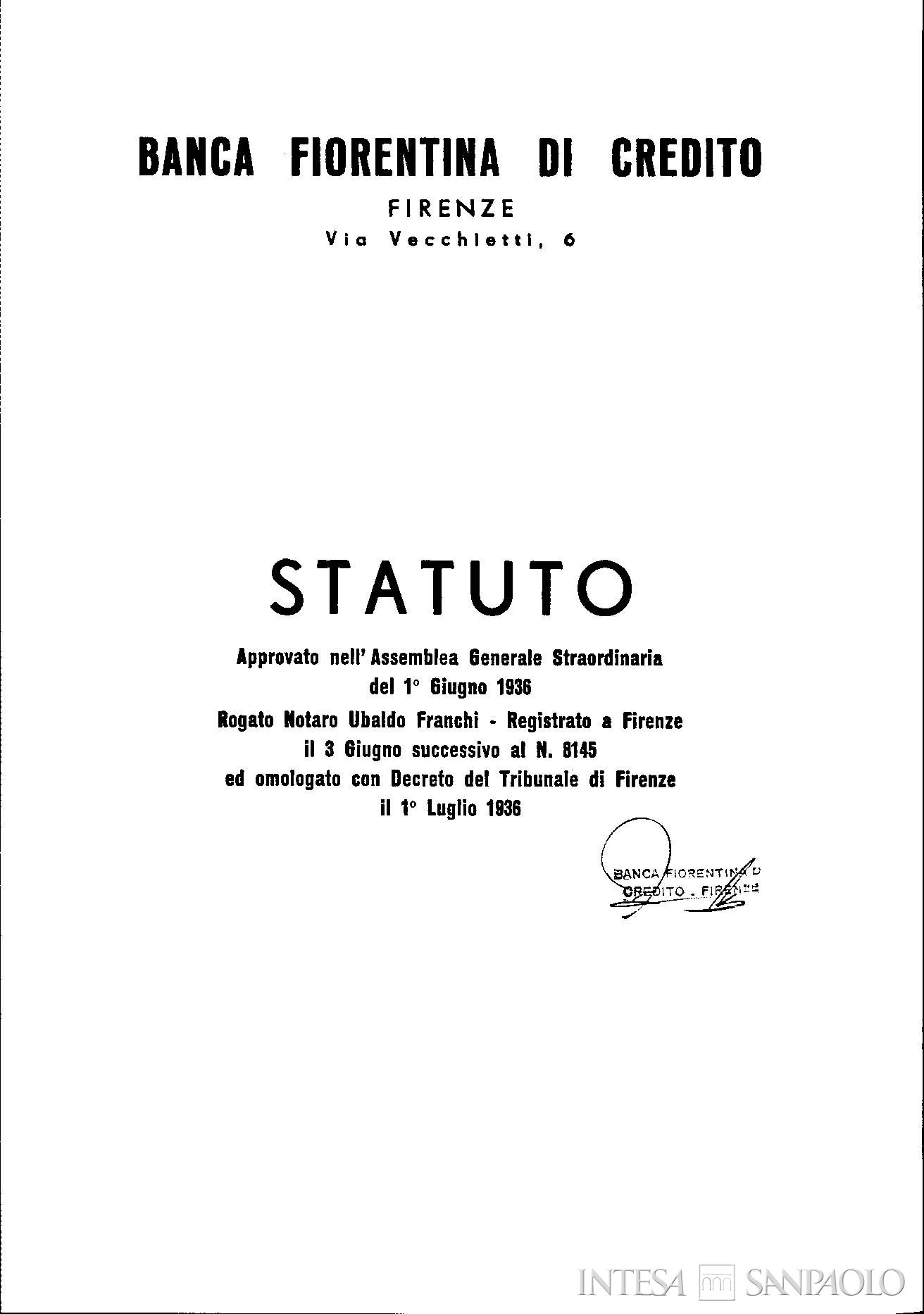 Banca Fiorentina di Credito, prima pagina dello statuto, 1936 (Roma, Archivio Storico Banca d'Italia, Raccolte diverse, Statuti e Regolamenti)