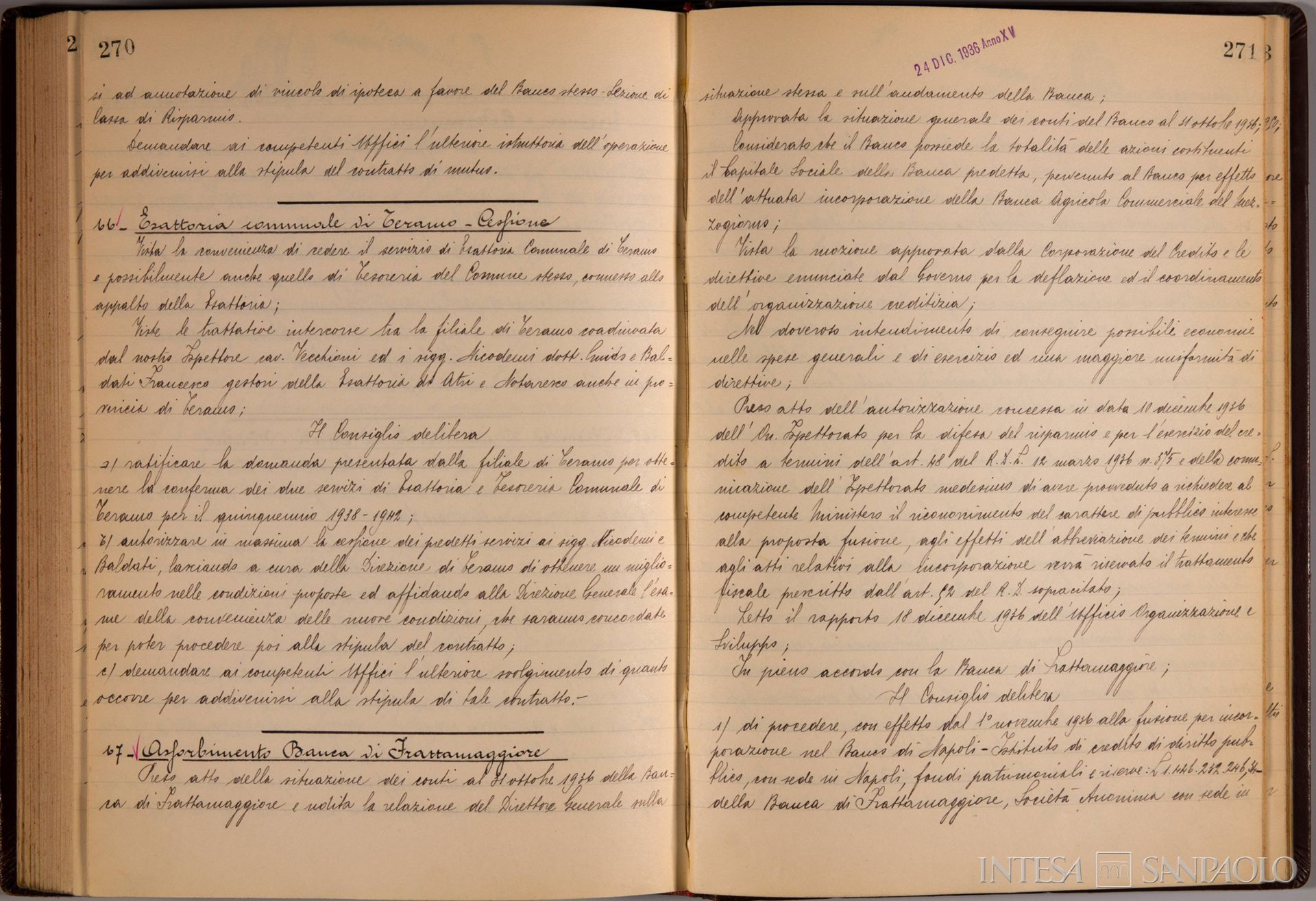 Banco di Napoli, Verbali del Consiglio di Amministrazione, delibera n. 67 relativa all'assorbimento della Banca di Frattamaggiore, 24 dicembre 1936 (Archivio Storico del Banco di Napoli)