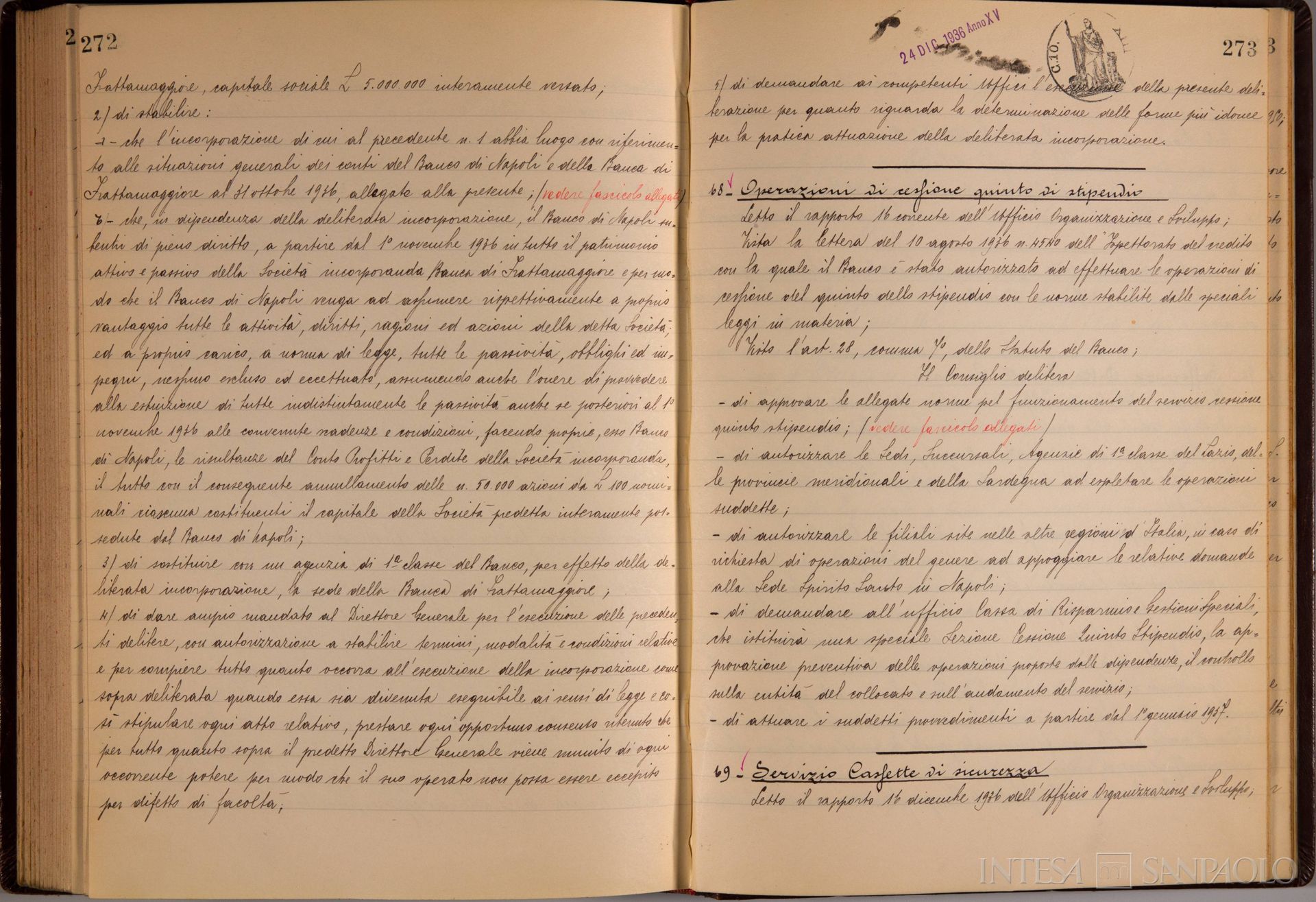 Banco di Napoli, Verbali del Consiglio di Amministrazione, delibera n. 67 relativa all'assorbimento della Banca di Frattamaggiore, 24 dicembre 1936 (Archivio Storico del Banco di Napoli)