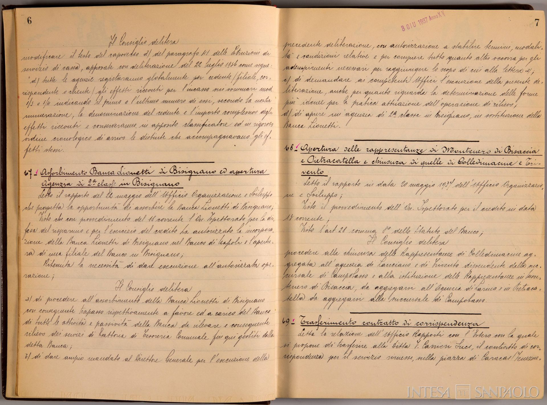 Banco di Napoli, Verbali del Consiglio di Amministrazione, delibera n. 67 relativa all'assorbimento della Banca Lionetti di Bisignano e all'apertura di un'agenzia di seconda classe in Bisignano, 3 giugno 1937 (Archivio Storico del Banco di Napoli)