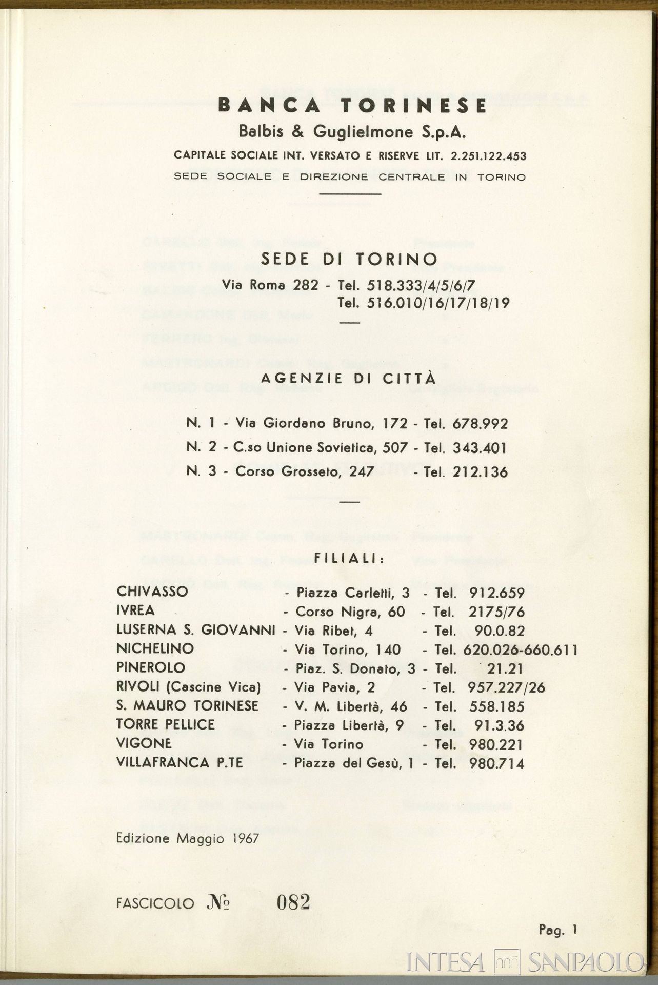 Banca Torinese Balbis & Guglielmone, pubblicità dell'istituto, 1967