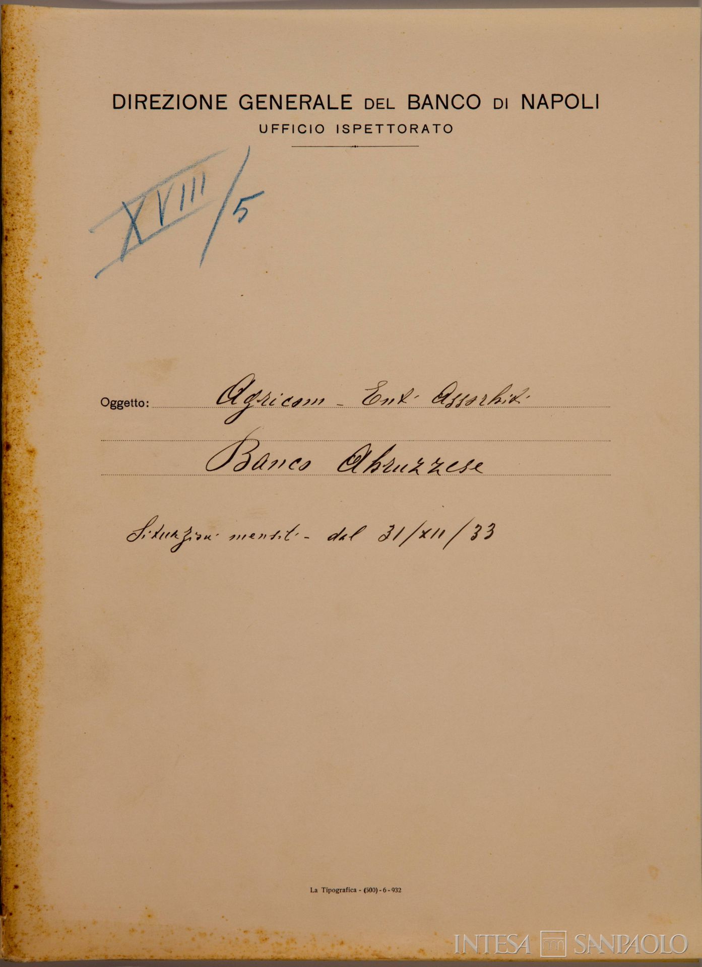Frontespizio di una cartella Agricom relativa al Banco Abruzzese quale ente assorbito, 1933 (Archivio Storico del Banco di Napoli)