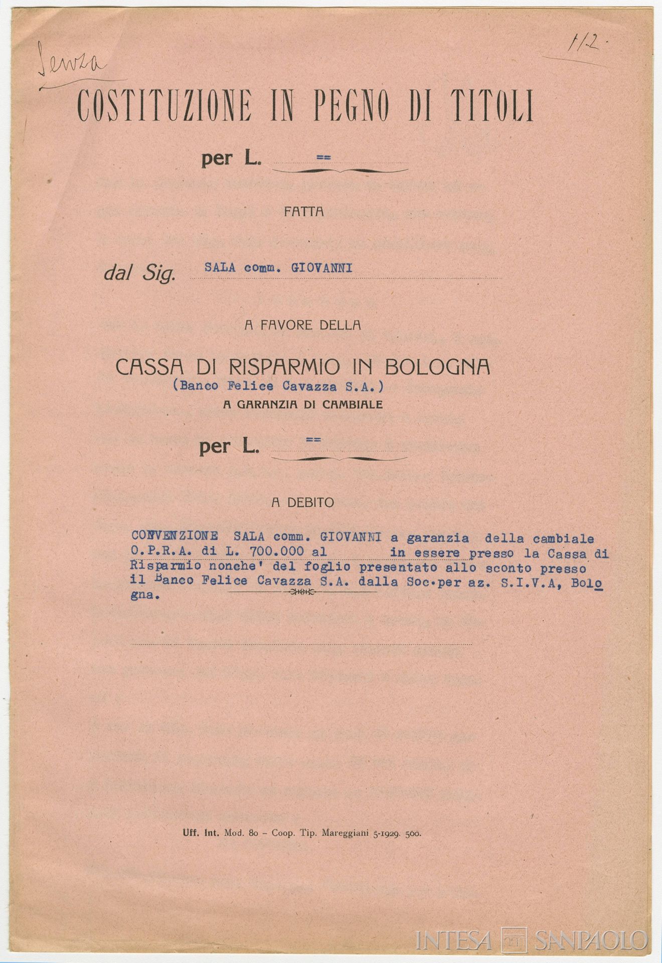 Convenzione a favore della Cassa di Risparmio in Bologna e del Banco Felice Cavazza a garanzia di una cambiale, 3 agosto 1950