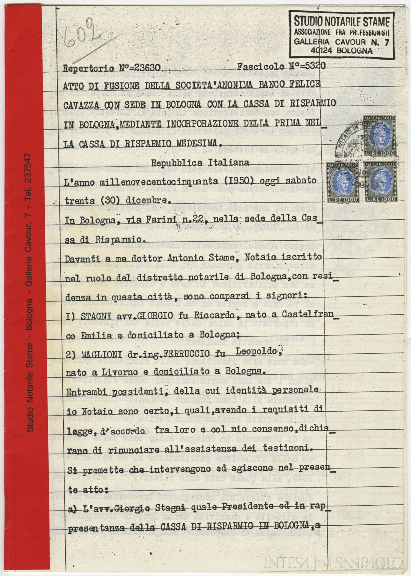 Banco Felice Cavazza, atto di fusione fra l'istituto e la Cassa di Risparmio in Bologna, 30 dicembre 1950