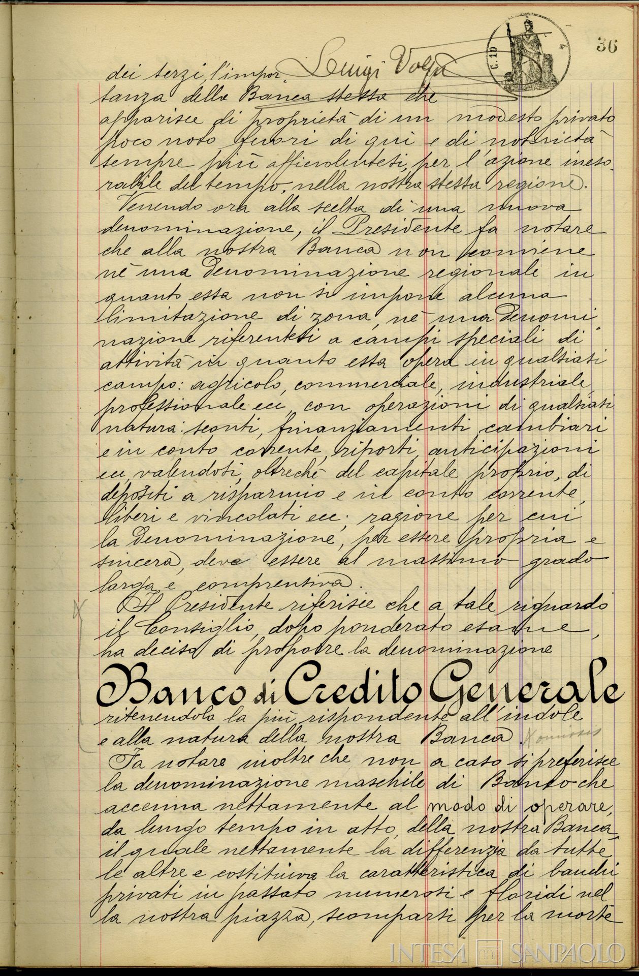 Banca Guglielmini, poi Banco di Credito Generale, pagina del verbale dell'Assemblea Generale straordinaria dei soci della Banca Guglielmini che delibera la nuova denominazione, 15 luglio 1930