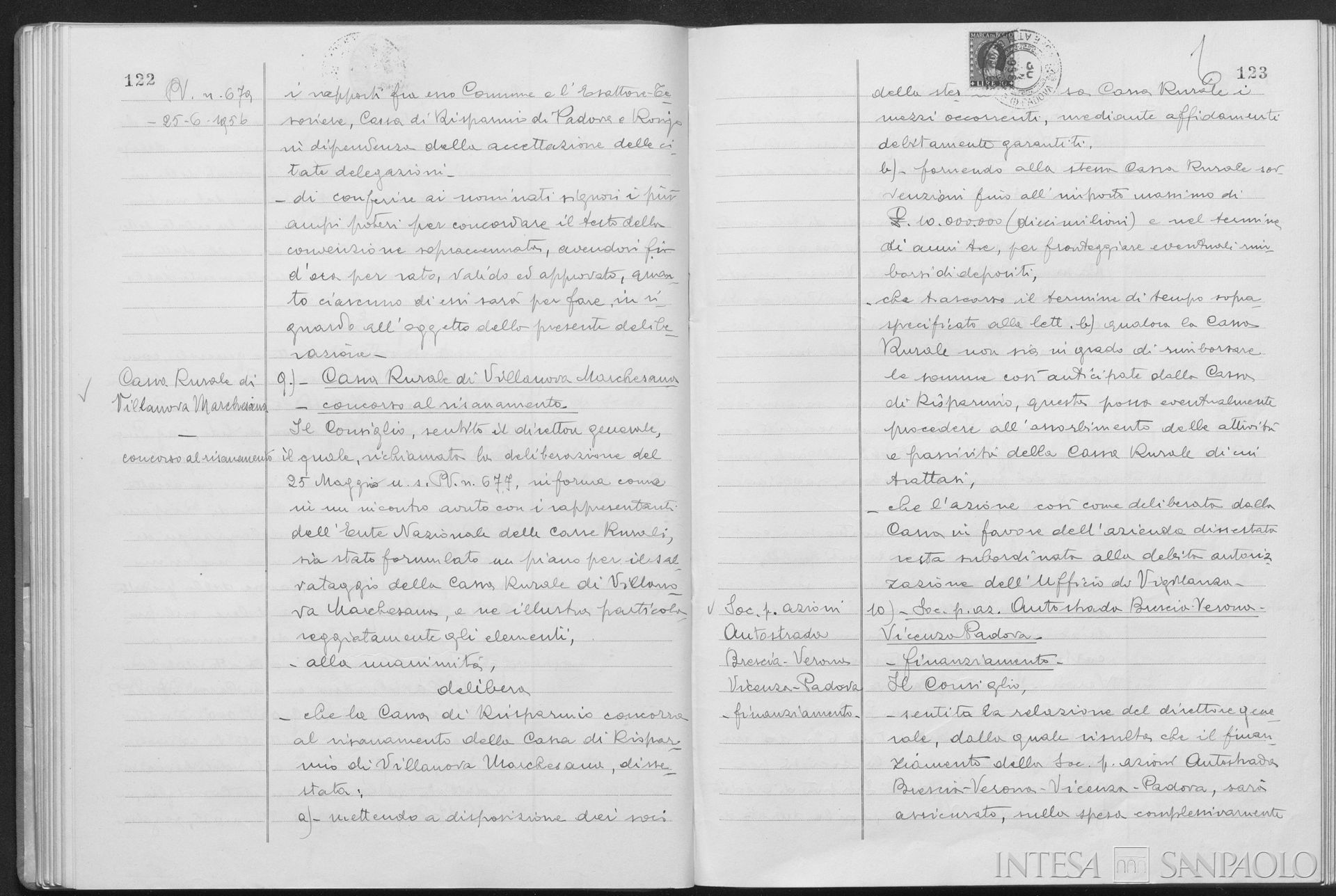 Cassa Rurale ed Artigiana di Villanova Marchesana, pagine estratte dai verbali del Consiglio di Amministrazione nelle quali la Cassa di Risparmio di Padova e Rovigo delibera il concorso nel risanamento dell'istituto, 25 giugno 1956