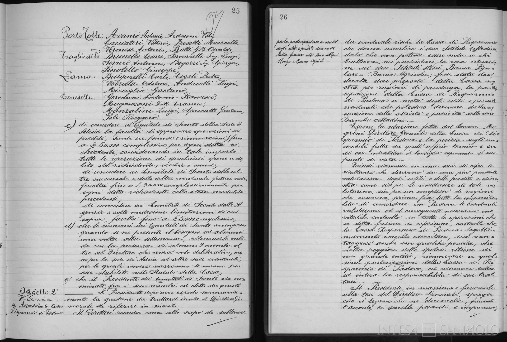 Banca Agricola Provinciale di Rovigo, pagine estratte dai Verbali del Consiglio di Amministrazione della Cassa di Risparmio di Rovigo relative agli accordi di fusione con l'istituto, 10 gennaio 1927